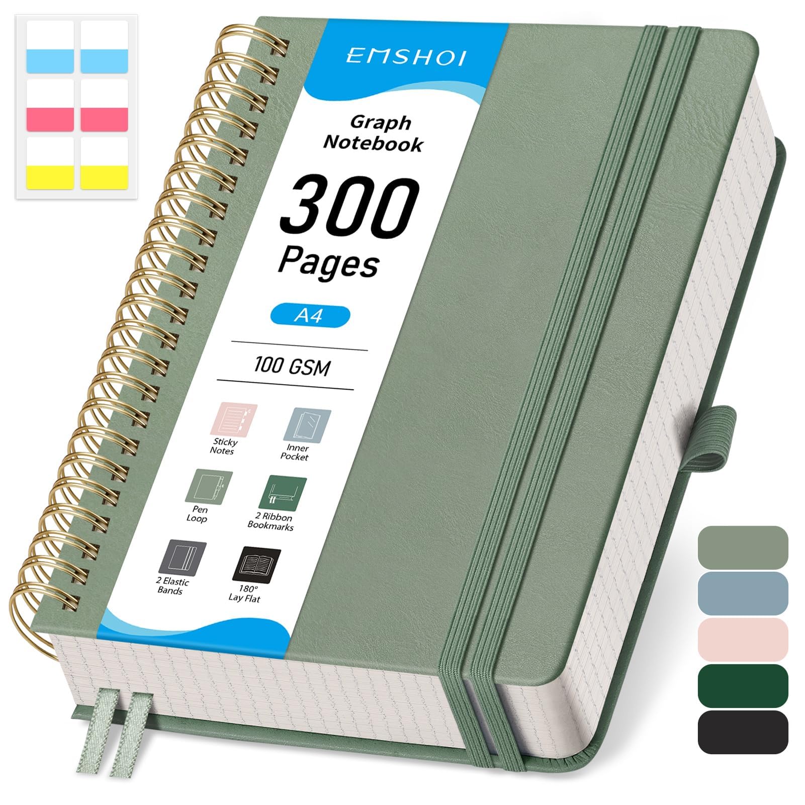 EMSHOI Spiral Graph Paper Notebook - 300 Pages, 100 GSM Thick Grid Notebook, A4 Large Hardcover Leather Journal for Women Men Work School Writing Engineering Graphing, 8.27" x 11.2", Light Green