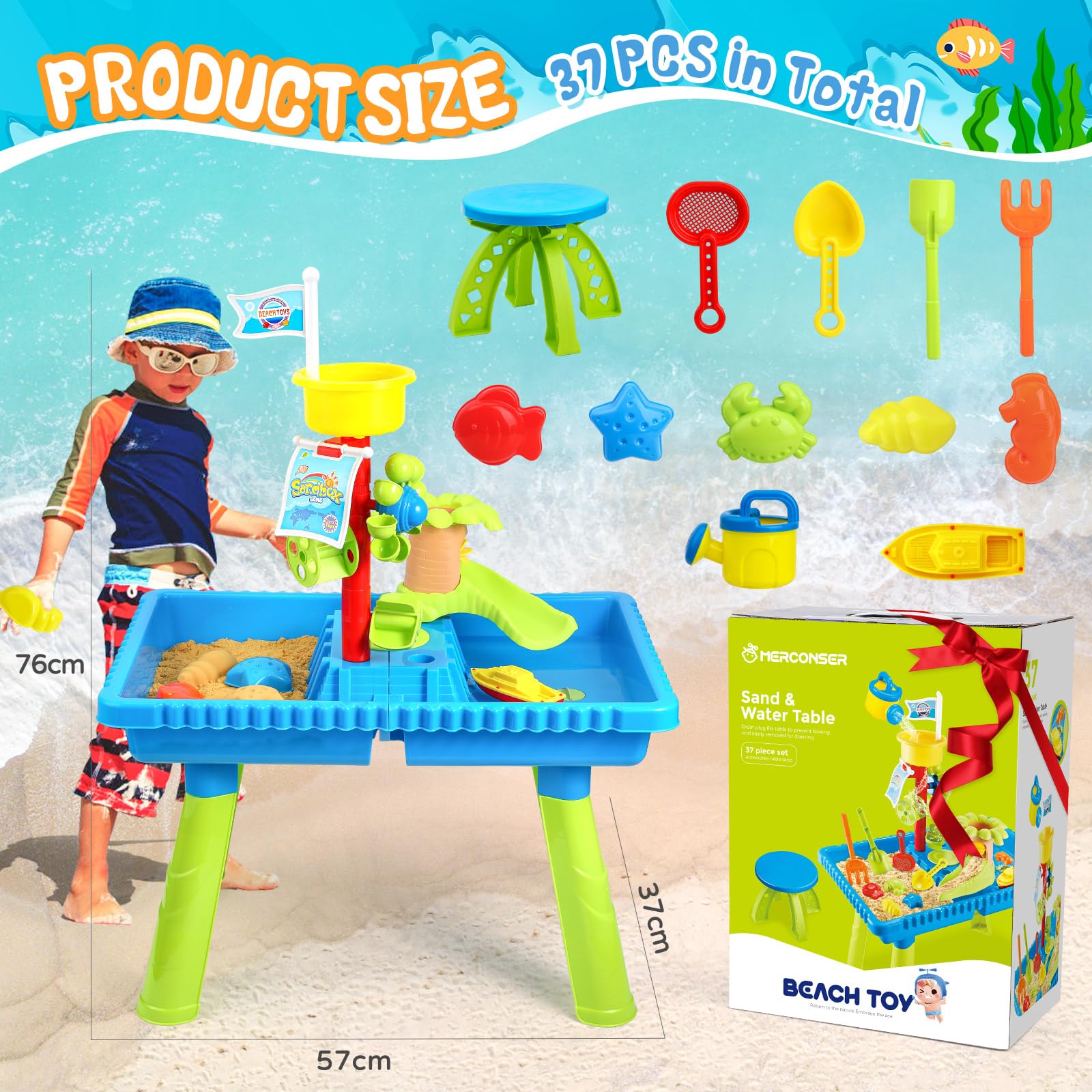 KNASON Wasserspieltisch Kinder Outdoor,2 IN 1 Kinder Sand und Wasserspieltisch mit 37 Teilen Wassertisch Zubehör,Großer Activity Sensory Table Spielzeug auf Hinterhof Strand Sommer für Kinder 3 4 5 8