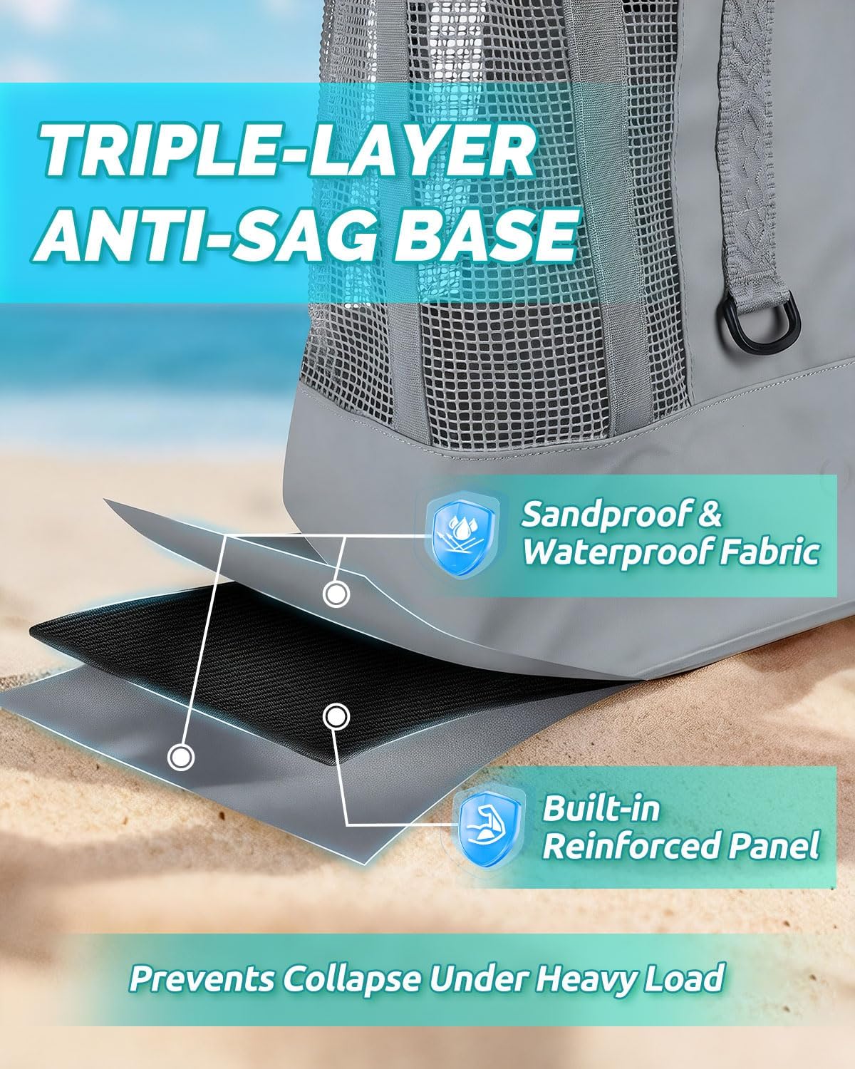 50L Beach Tote Bag with Waterproof Bottom and Coated Mesh for Beach Boat Pool Sports - Image 5