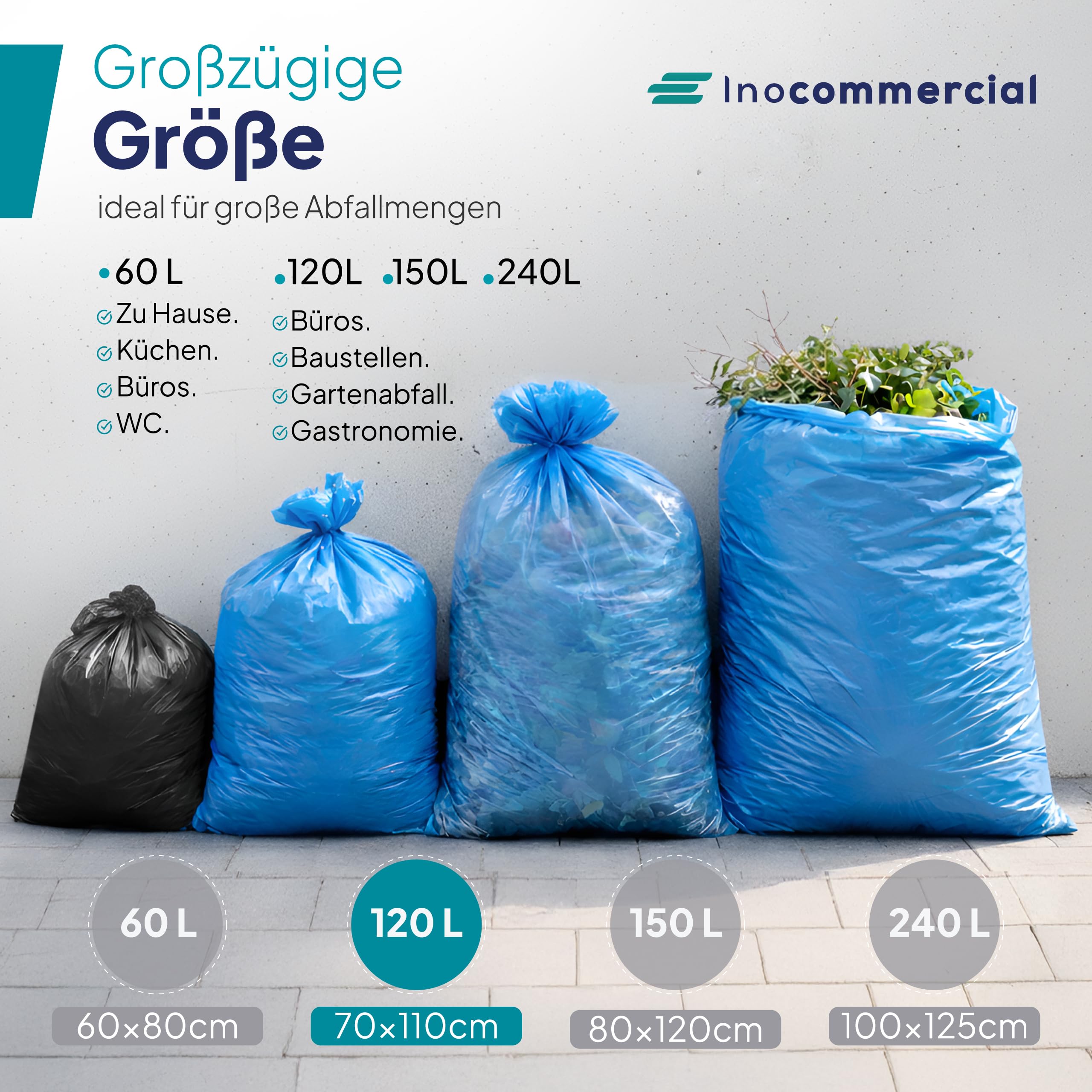 Inoverse 400 unidades (20 rollos) bolsas de basura de 120 litros, resistentes al desgarro, bolsas de basura, bolsas de basura de 70 x 110 cm, bolsas de basura de polietileno de baja densidad reciclado