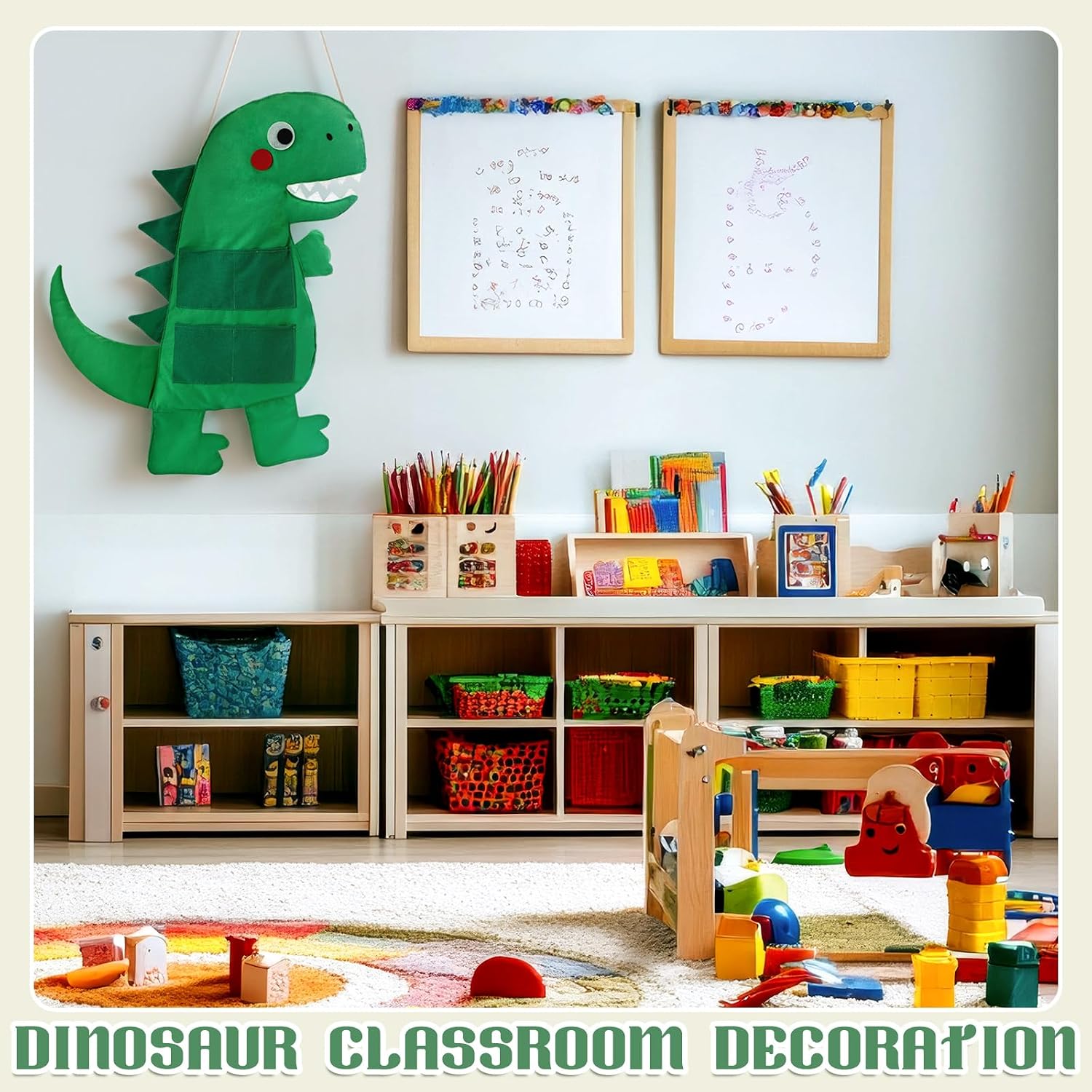 Tallew 4 Pockets Dinosaur Decor Back to School Gift Dinosaur Plush Toy Hanging Organizer Classroom Decoration Dino Wall Decor for Boys Room Bathroom Nursery Classroom Pantry