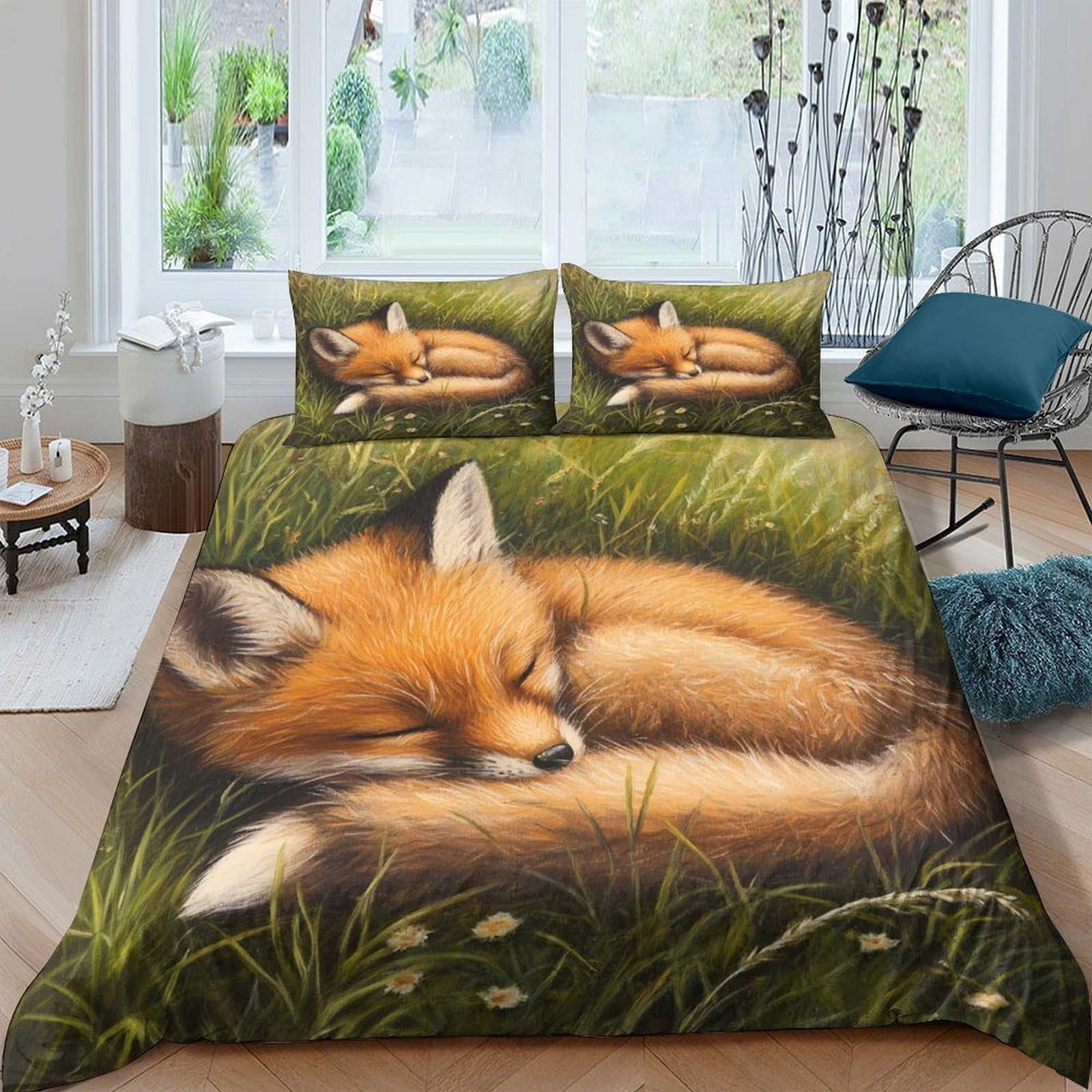 Ctjqhvkz Style-1 3D Printed Sleeping Fox Fitted Sheet Microfiber Soft Breathable Woodland Grass Bed Cover For Bedroom Decor Single（135X200cm）