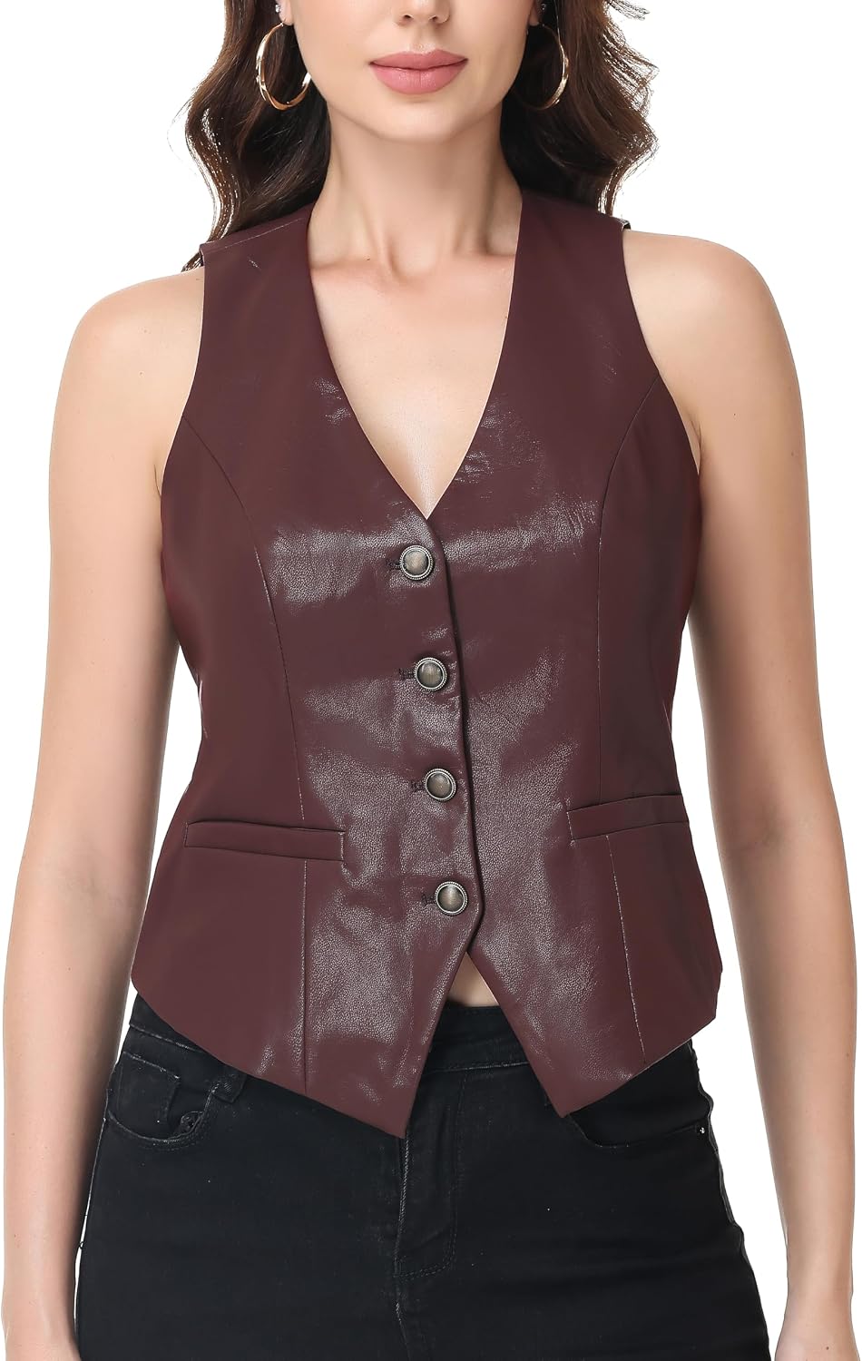 Women's PU Leather Vest Top V Neck Waistcoat | Sleeveless, Button Down, Soft Lightweight, Faux Leather Vest Tops, Fitted Suit Blazer, Business Casual Outfits
