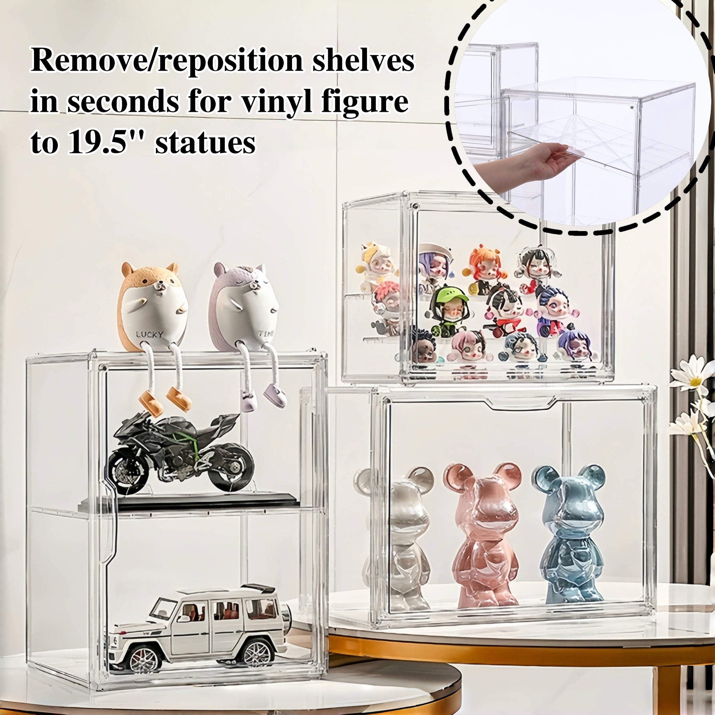 Vitrina vertical de acrílico jumbo, gabinete extra alto de 19.6 pulgadas para figuras de gran tamaño, puerta magnética y escaparate apilable a prueba de polvo para estatuas, muñecas artísticas de
