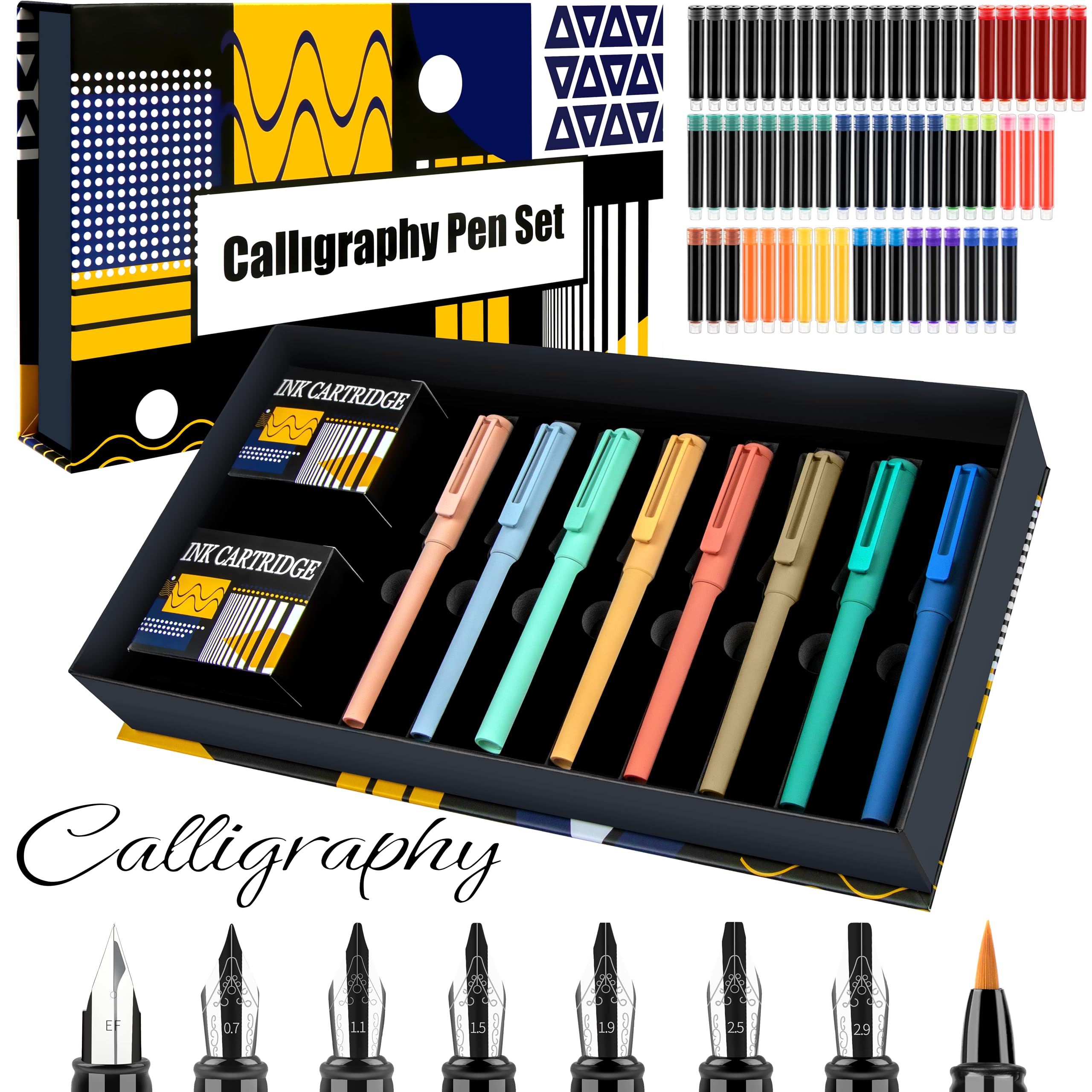 JiaoJiRen Calligraphy Set Fountain Pens with 8 Different Size Nibs and 60 Ink Cartridges(12 Colors),Calligraphy Pen Set for Beginner Writing Drawing