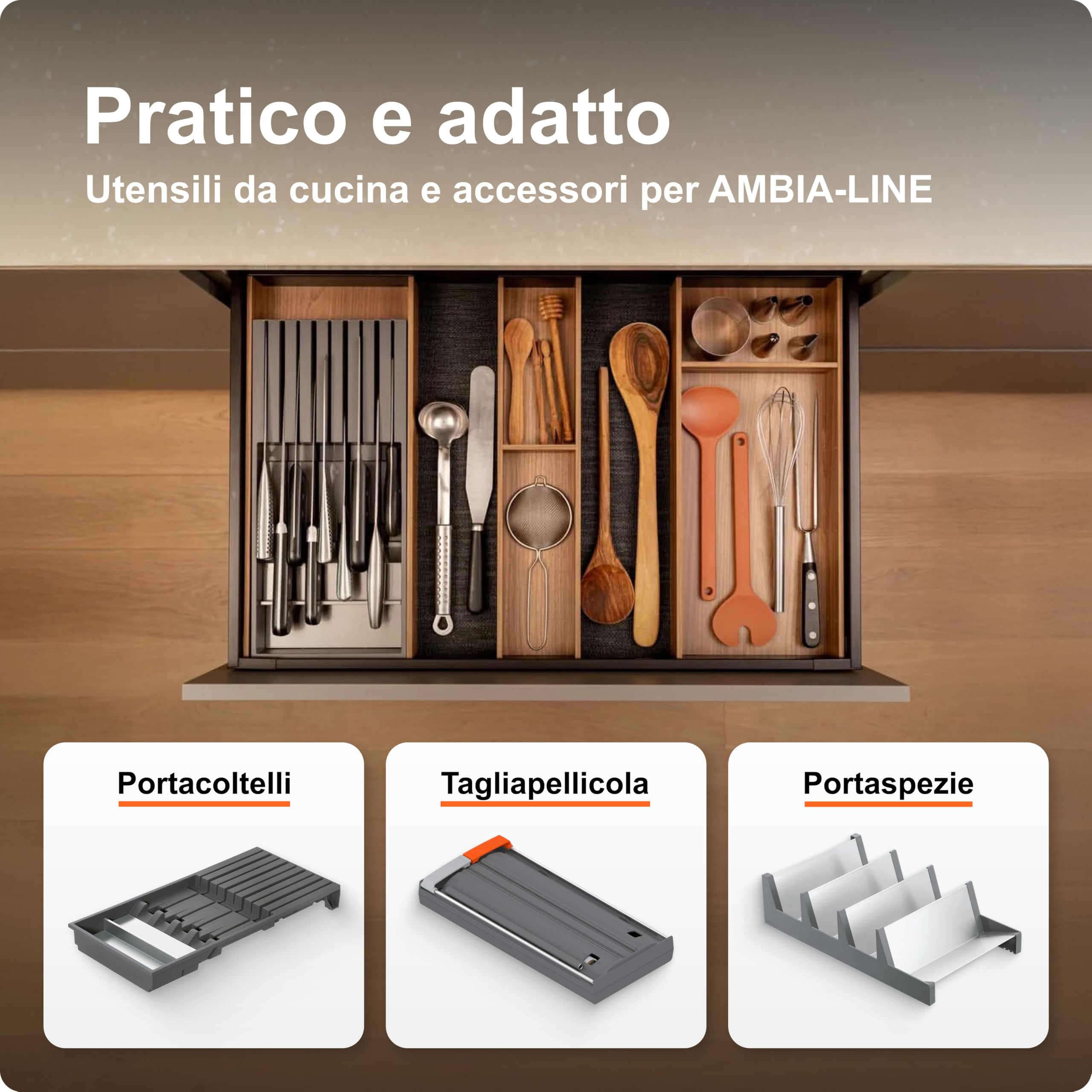 Blum AMBIA-LINE organizer cassetto in decoro legno premium | ideale cucina, bagno, armadio | uso modulare e tenuta sicura grazie ai piedini antiscivolo | 42×20×5 cm | Rovere Nebraska