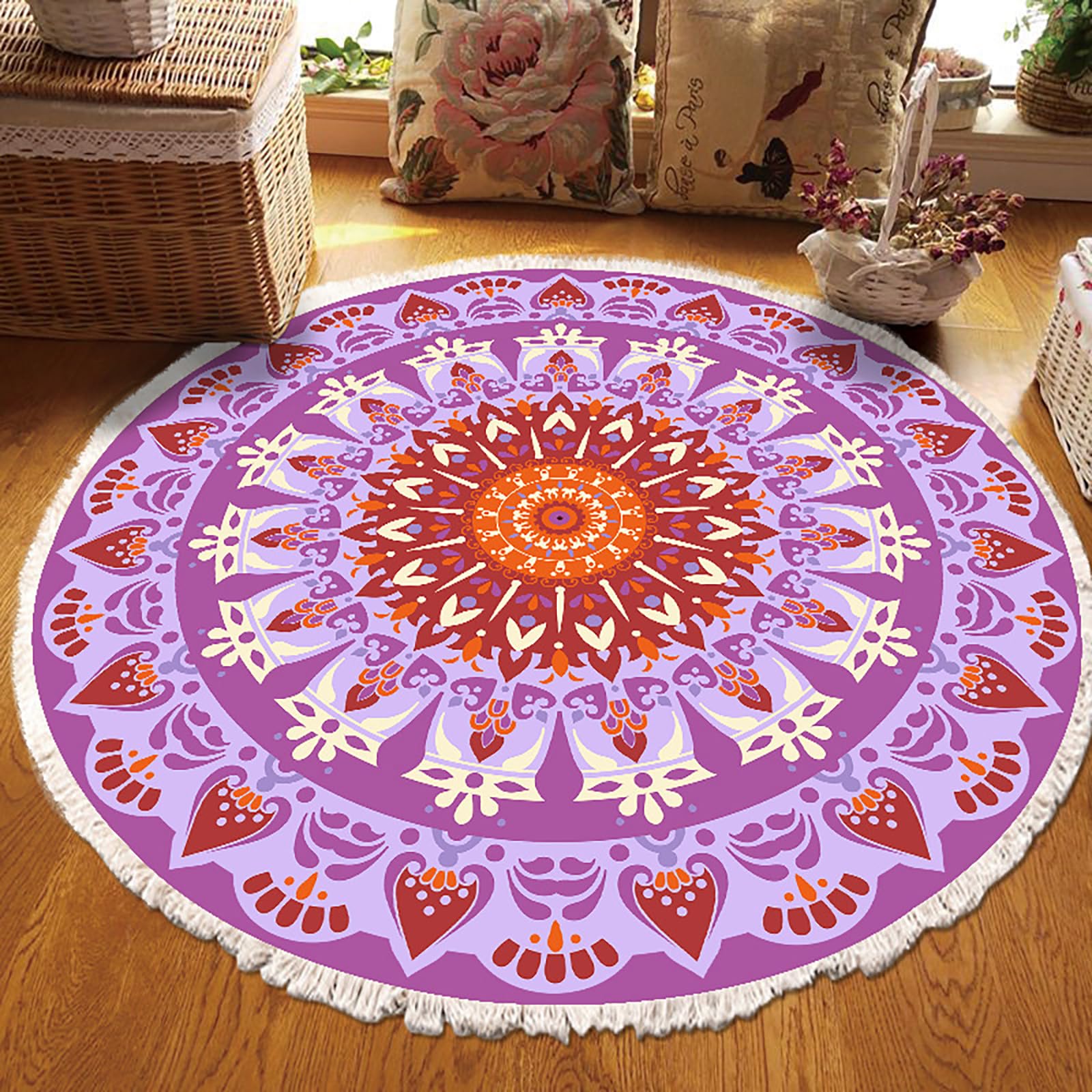 Tapis rond bohème lavable machine 120cm tapis fleurs franges antidérapant