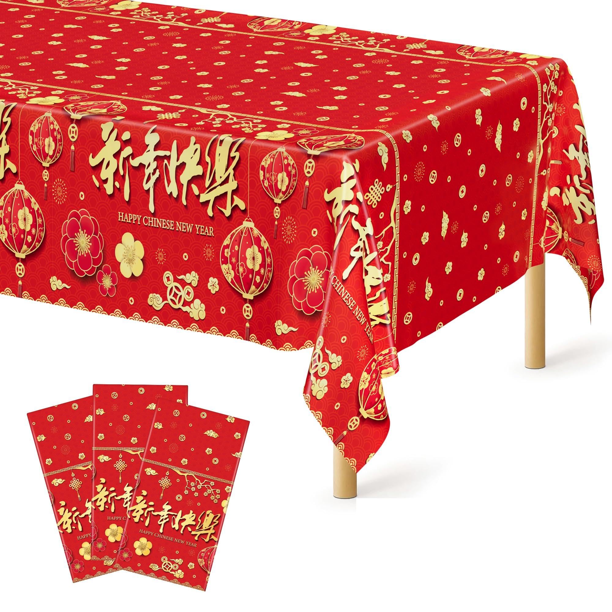 3 Pack Chinese New Year Decorations 2026, 54 x 108 Inches Red Plastic Table Cloths, Disposable Lunar New Year Table Cloth Rectangle Tablecloths Tablecover, Spring Festival Year of the Horse Decor