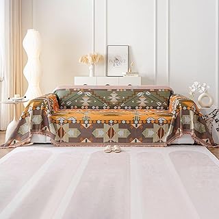 VClife Boho Sofa Covers, Sectional Couch Covers Breathable Cotton Linen Sofa Slipcover Washable Green Orange Geometry Sofa Couch Covers for L Shape Sofa - Farmhouse Sofa Covers with Tassel 71