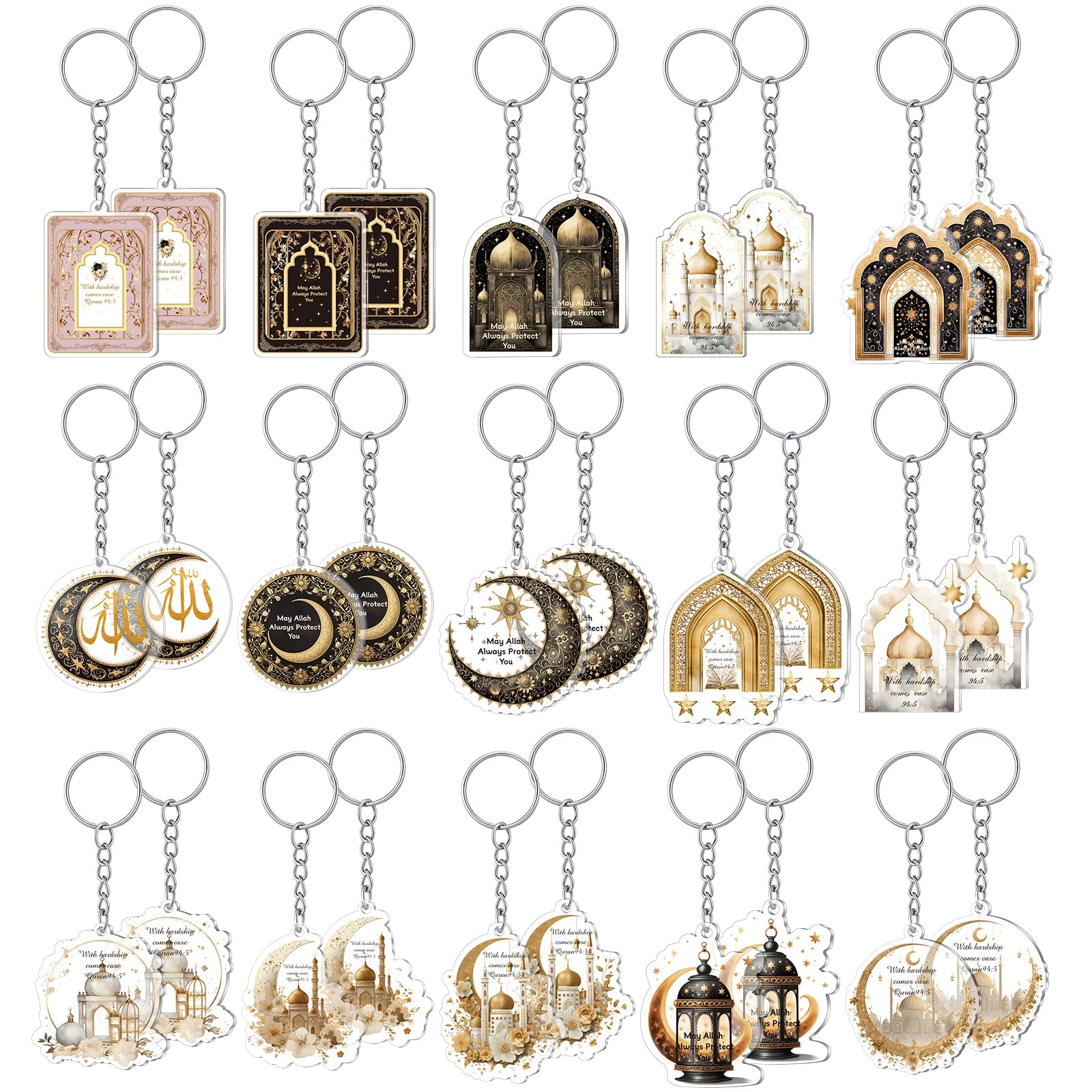 Liliaafar 30 Pcs Islamic Keychain Gifts Bulk Acrylic Muslim Keychain Ramadan Eid Gifts Bulk Stars Moon Rosary Religious Party Favors for Ramadan Hajj Wedding(30 Pcs,Attractive)