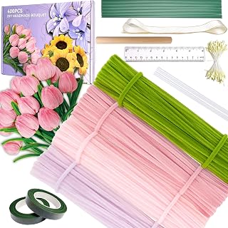 400Pcs Pipe Cleaner Flower kit โ Pipe Cleaners Bulk with 4 Assorted Colors Chenille Stems for DIY Flower Making Kit, Includes Floral Wires, Tape, Stamen and Ribbon(Pink)