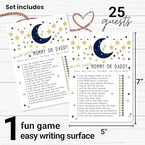 Miniatura 2 de Paper Clever Party Twinkle Little Star - Juegos de baby shower para niños, 25 tarjetas de juego de Adivina quién mamá o papá, divertidas actividades