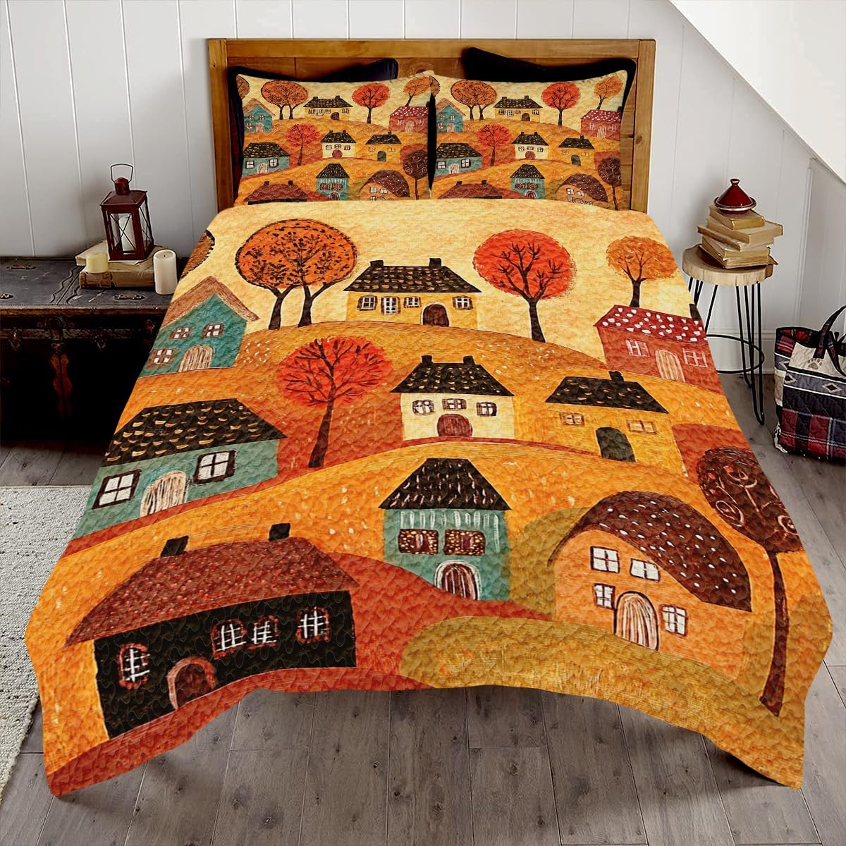 Custom Autumn Town Quilt - Country Patchwork Quilts Queen Size Bedding - Soft Lightweight 3 Pieces King Queen Comforter Set With Leaves Print Decor