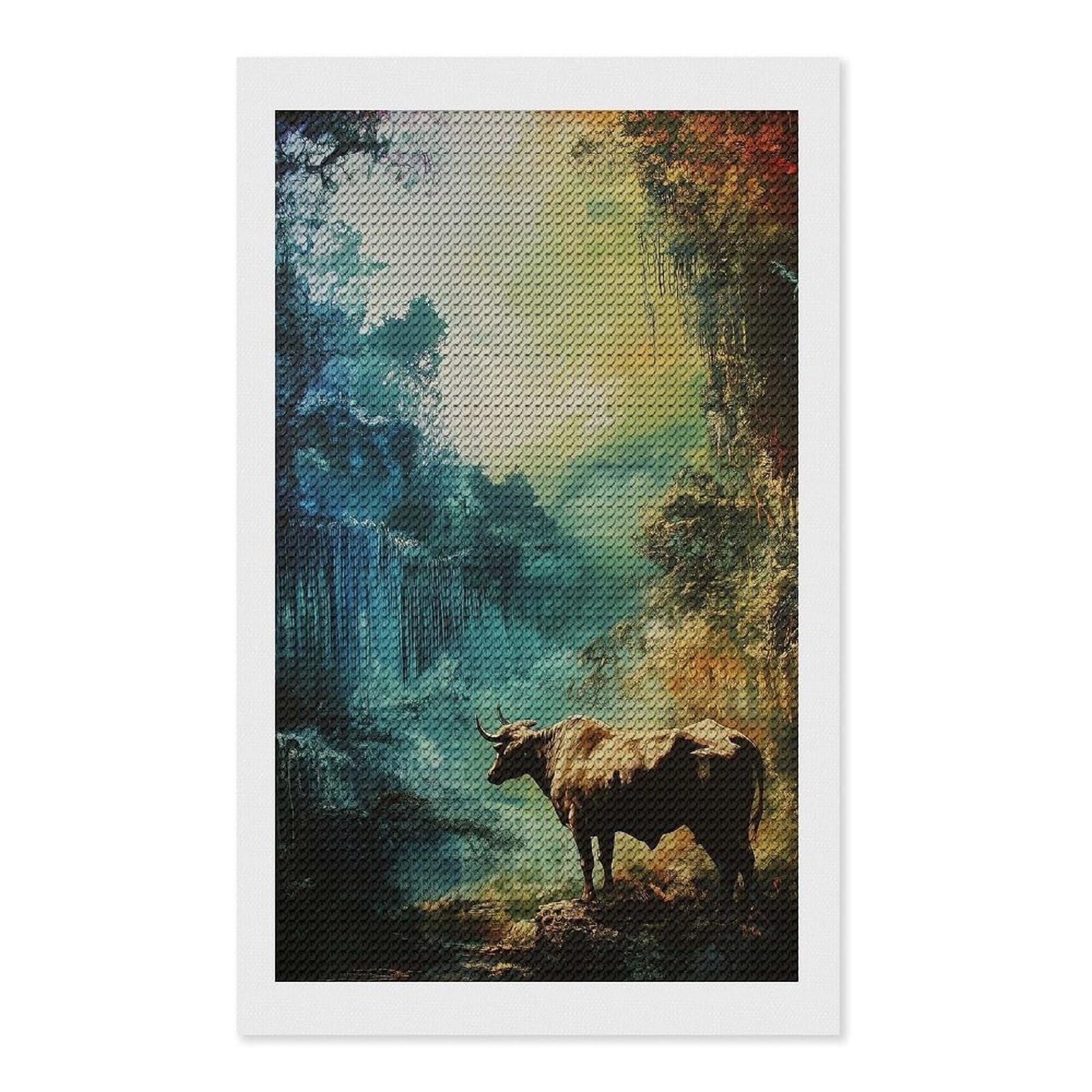 Junmoney Bull in A Mystical Forest Diamond Art Kit 12"x20", Modern Decor, Farmhouse Decor, Home Wall Art, Festive Craft Gift, Handmade Wall Decor
