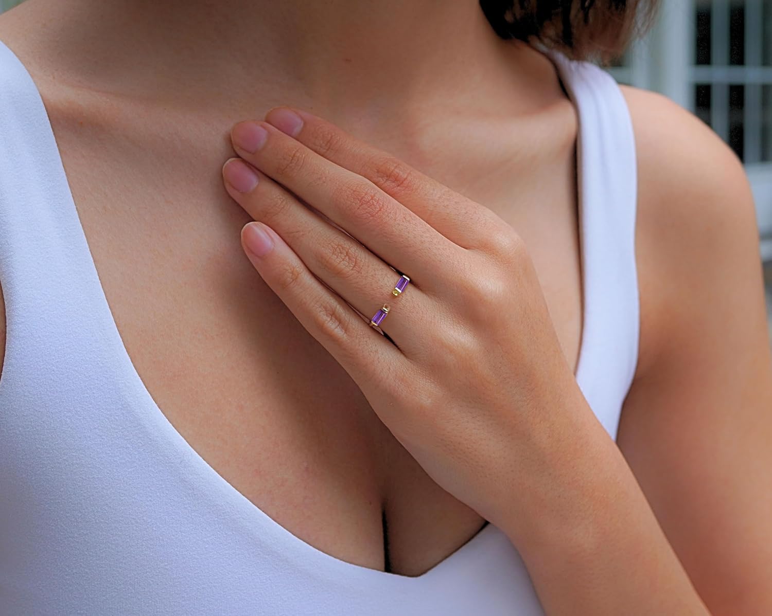 Simple Style 18K Gold Plated Lightning Crystal Rectangle Amethyst February Birthstone Necklace Jewelry Set Collection for Women (February Birthstone - Created Amethyst, 7)