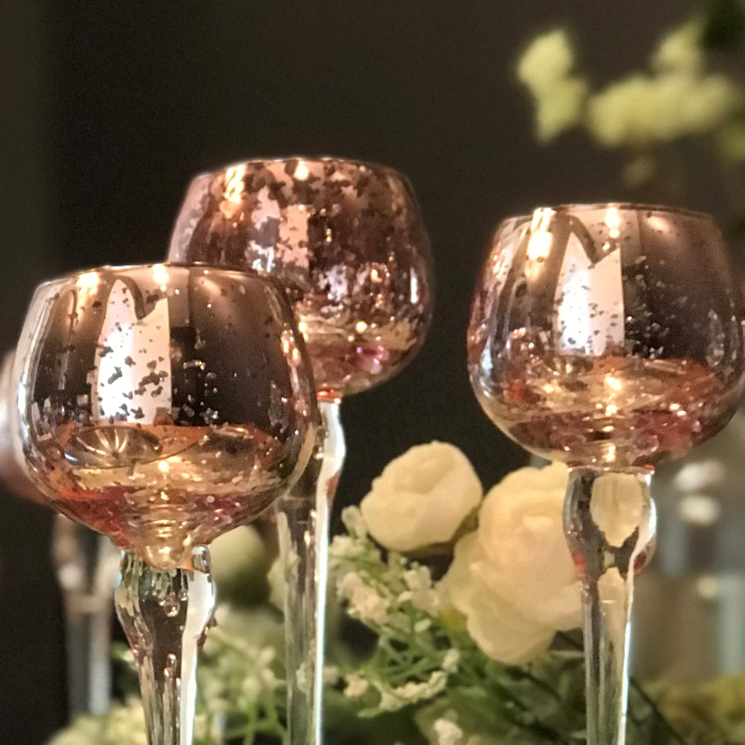 WHW Whole House Worlds Baby Peach Long Stem Candle Holders, Set of 3, Silver Lined Cups, Clear Riser, Hand Lacquered Glass, 8 3/4, 7 3/4, and 7 Inches Tall : Home & Kitchen