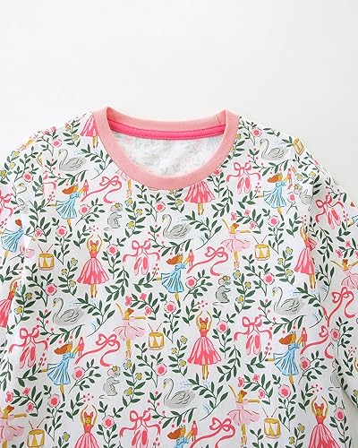 Hongshilian Little Girls Cotton Casual Dress Cartoon Appliques Fall Clothes Basic Jersey Long Sleeved Party Dresses(Floral&swans,7 Years)