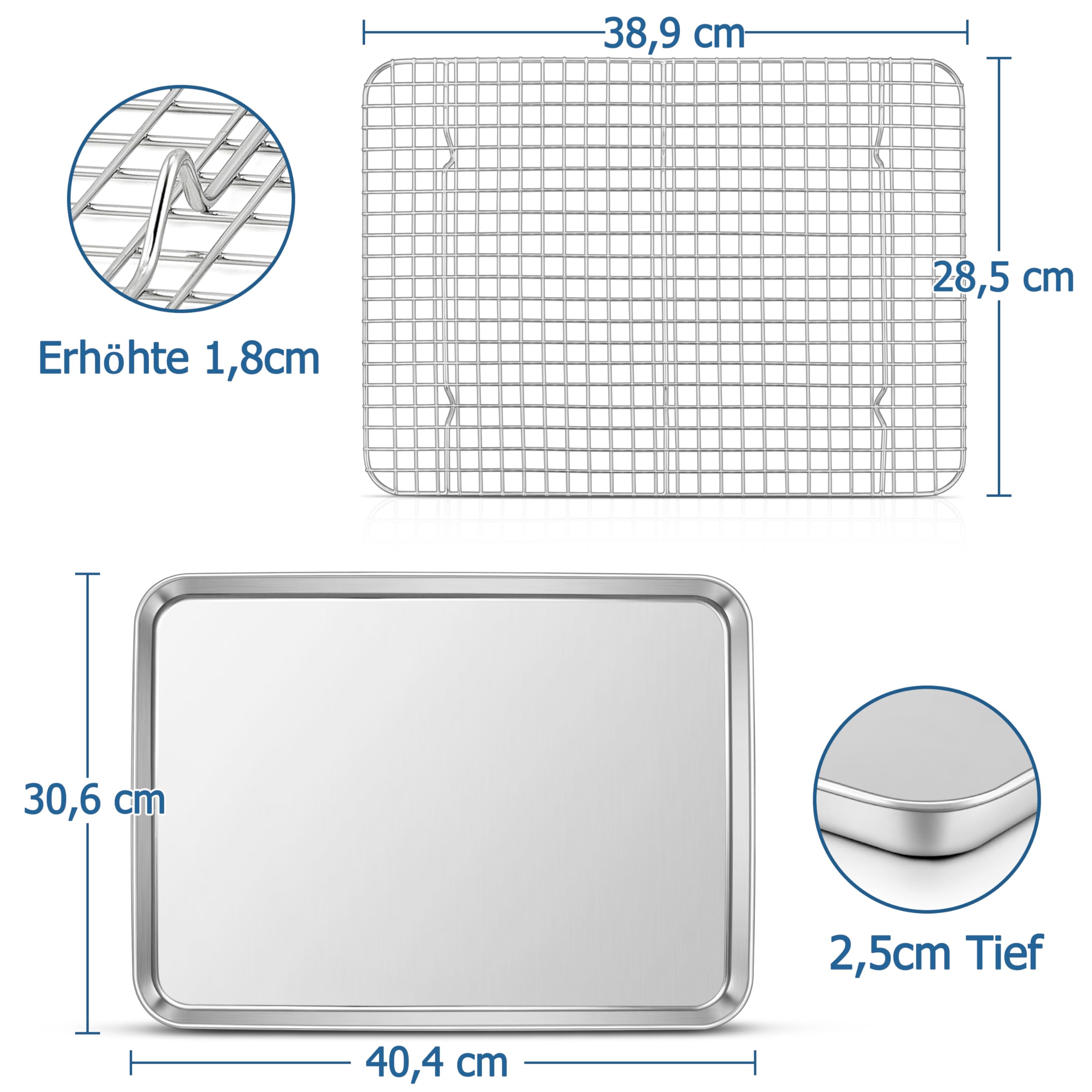 TEAMFAR Teglia da forno con griglia di raffreddamento, 40 x 30 x 2,5cm rettangolare teglia da forno, in acciaio inox con griglia di raffreddamento per cuocere, lavabile in lavastoviglie