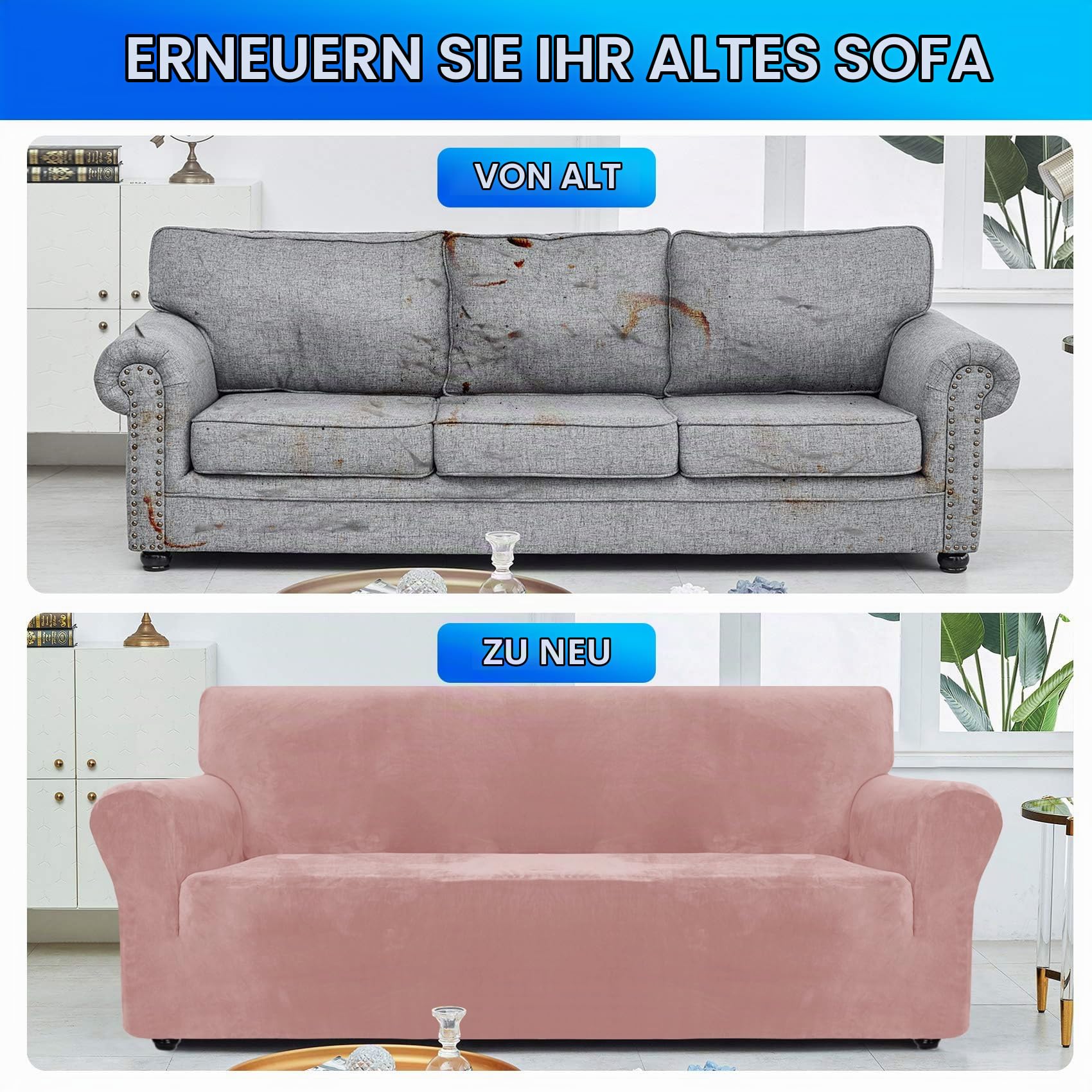 Samt Sofa Überzug 3 Sitzer, Sofabezug Elastische, Couch Überzug Haustier Katze Hunde, Universal Sofa Cover Moderne, Sofahusse Mit Armlehnen, Sofaschoner rutschfest, Rosa