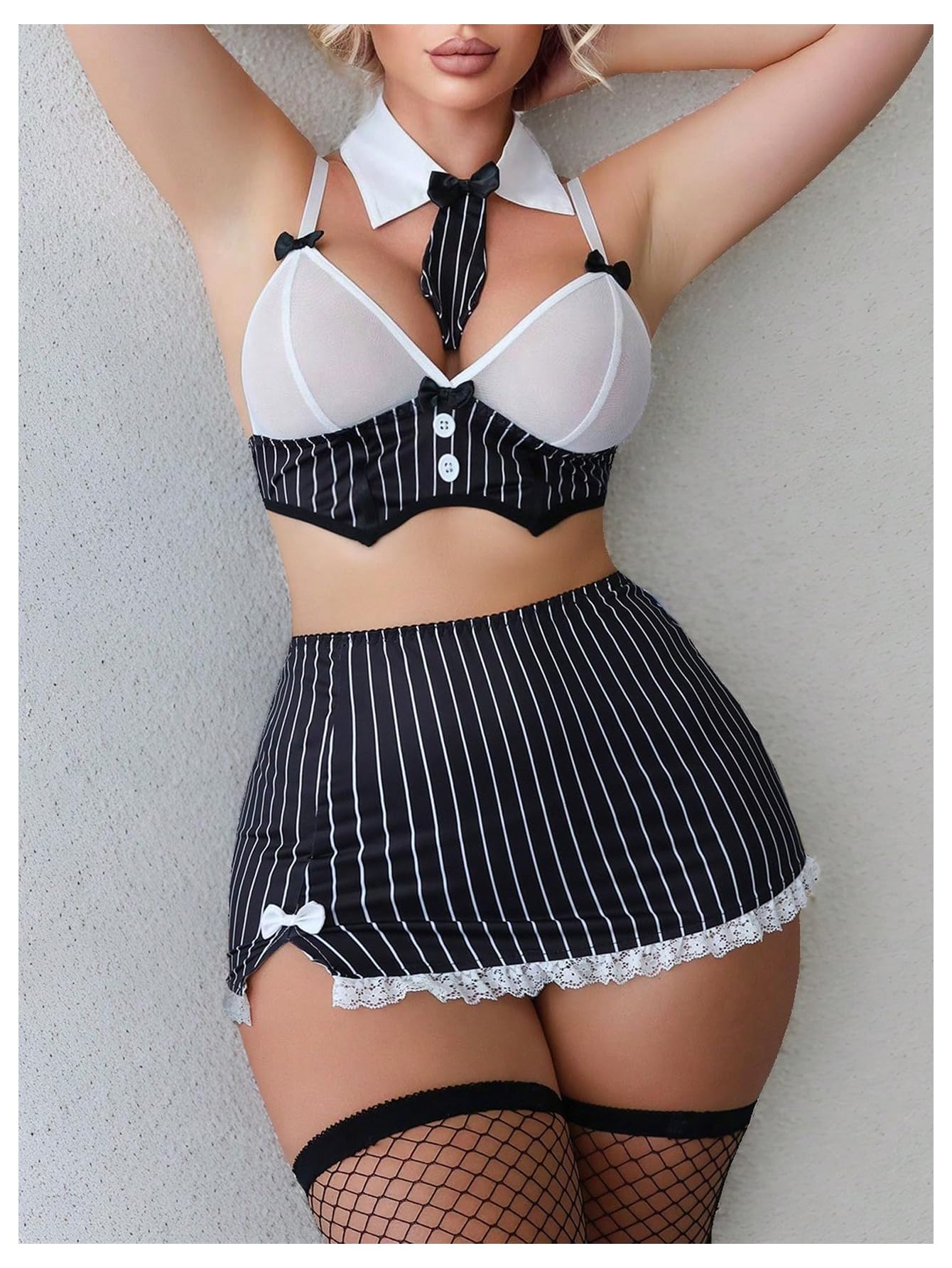 RoseSeek Women's 6 Piece Costumes Sets Striped Lace Bowknot Roleplay Lingerie Set Cosplay Outfits Black and White Medium: Small Black and White