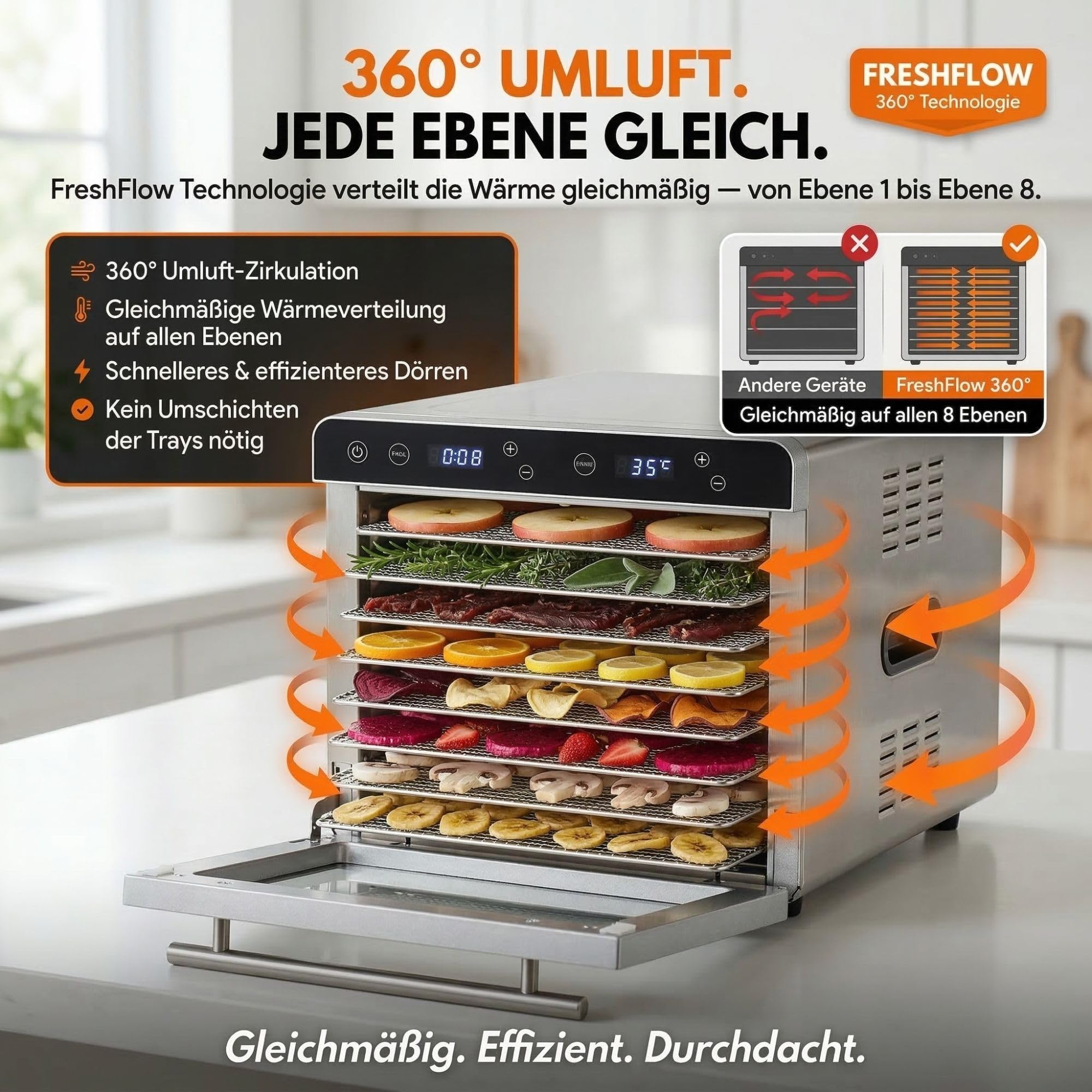 Sommertal Dörrautomat Silence 700 XXL | 8 Edelstahlgitter, 700W, BPA-frei | Food Dehydrator, Timer, LED-Display, Temperatur 35-85°C, Rezeptbuch, Dörrgerät für Obst, Fleisch, Gemüse & Kräuter