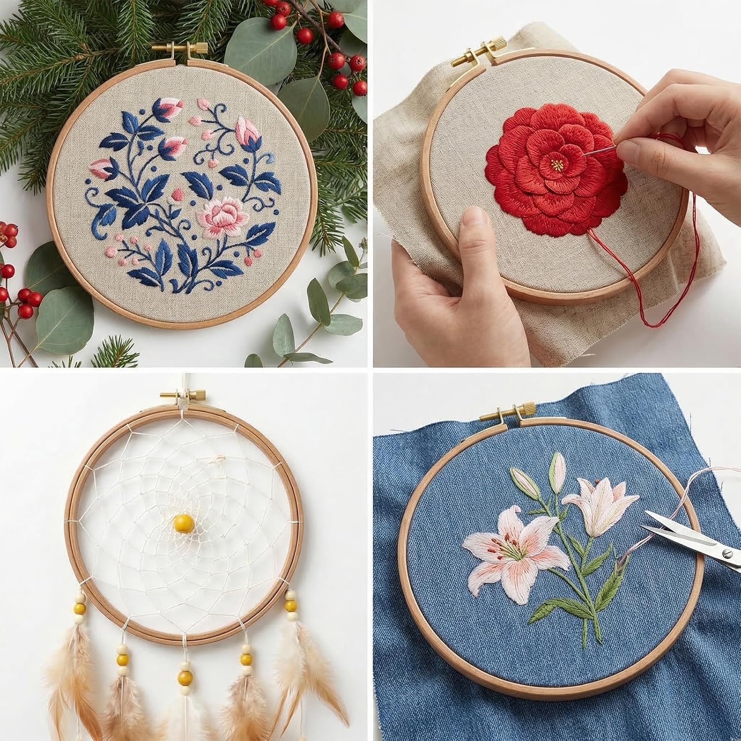 Matwsec 2 PCS Wooden Embroidery Hoops 6/8 Inch Round Cross Stitch Hoop Ring for Crafts Sewing Embroidery Ornaments DIY Cross Stitch Christmas Decoration
