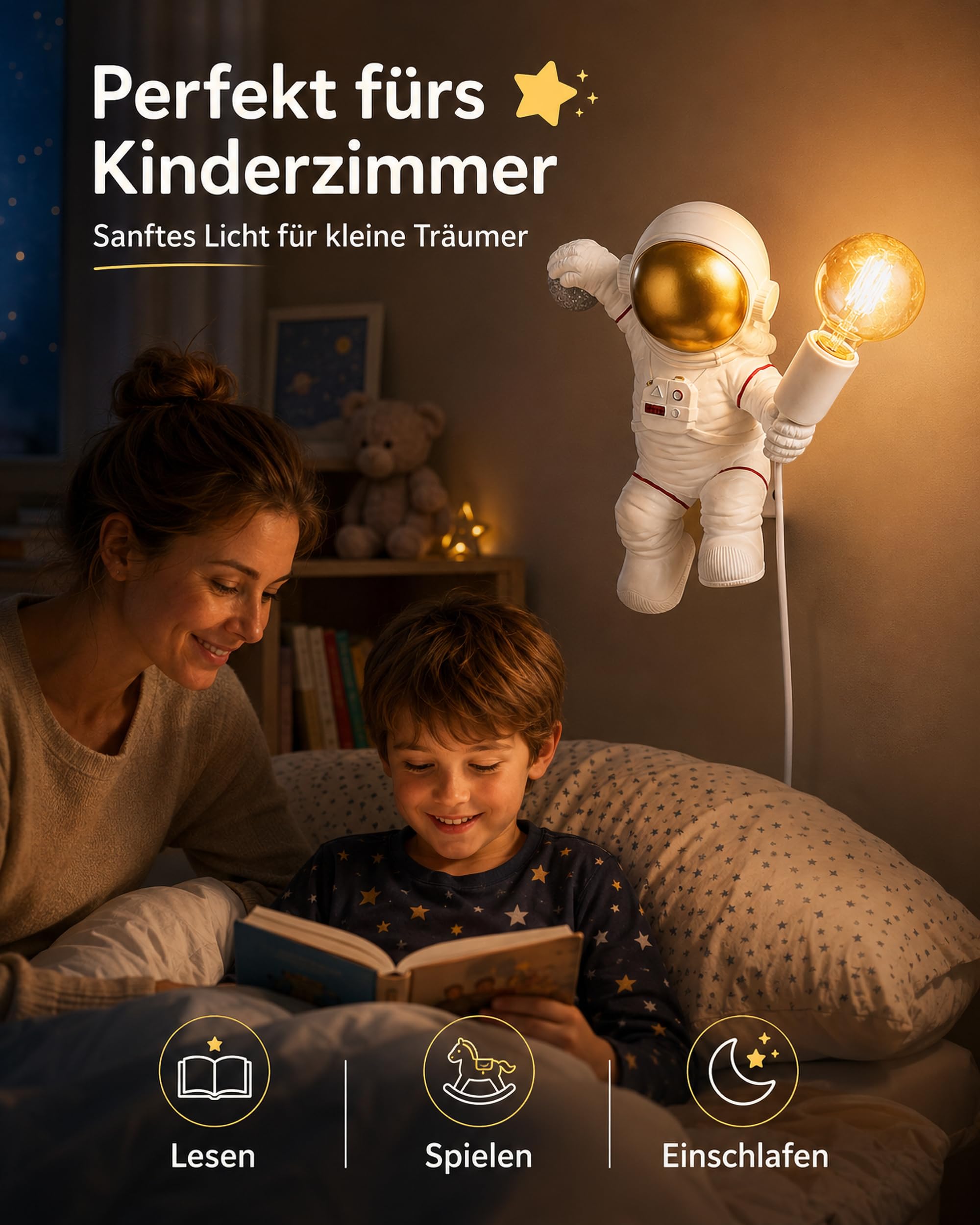 ACMHNC Lámpara de Pared Infantil Con Enchufe y interruptor, Decorativa Astronauta Aplique de Pared Para Habitación de Niños Con Cable 1,5 M, E27 Iluminación Pared Interior Para Niños y Niñas, Blanco
