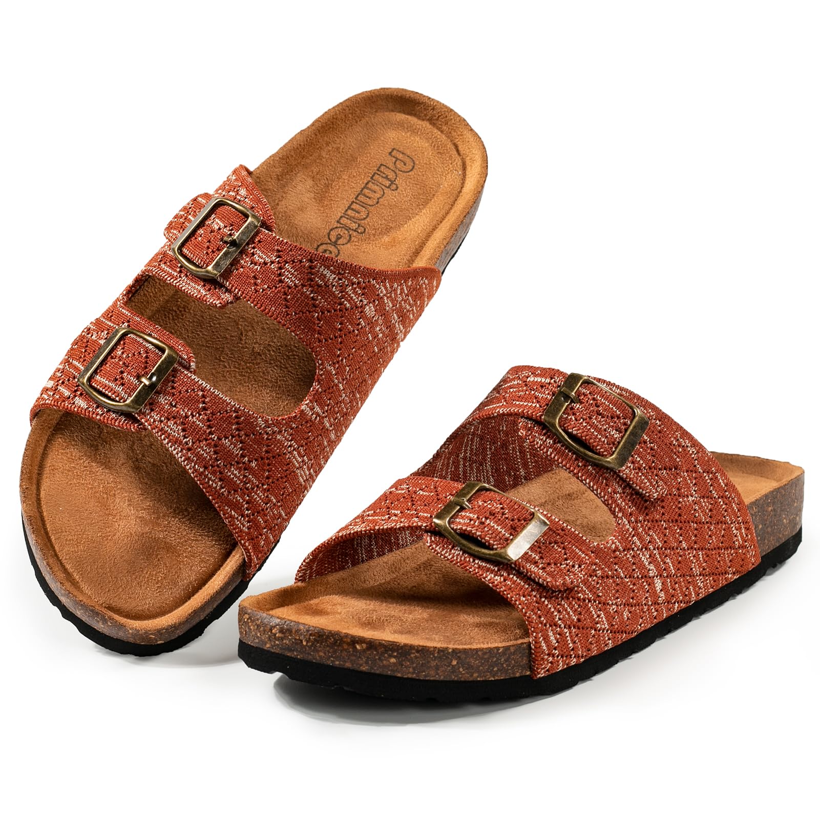 PRIMNICE Women's Comfy Arch Support Cork Footbed Adjustable Knitting Straps Indoor and Outdoor Slides Sandals