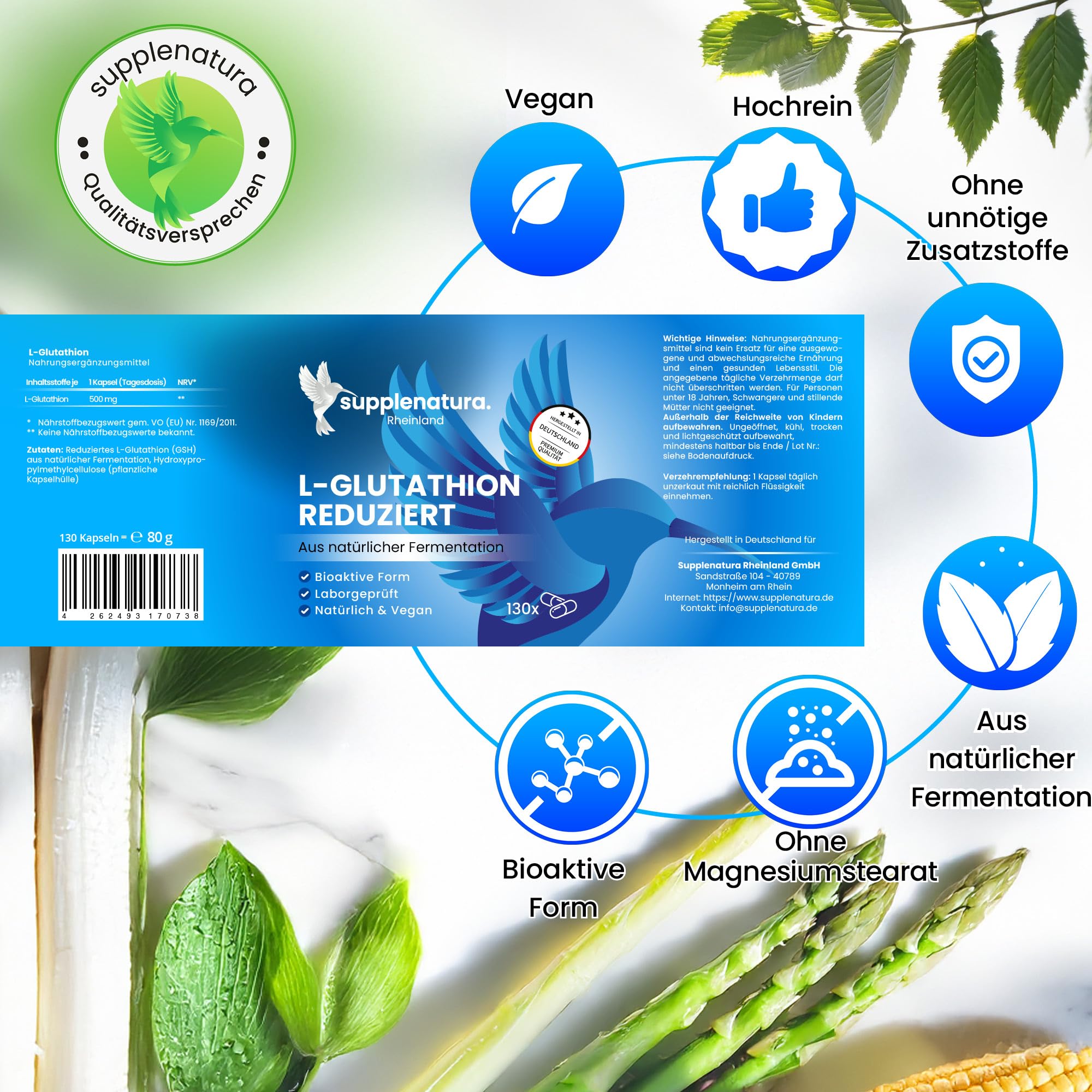 L GLUTATHION | 500 mg PURES L-Glutathion | 130 Kapseln | reines aktiviertes Gluthation von SUPPLENATURA®