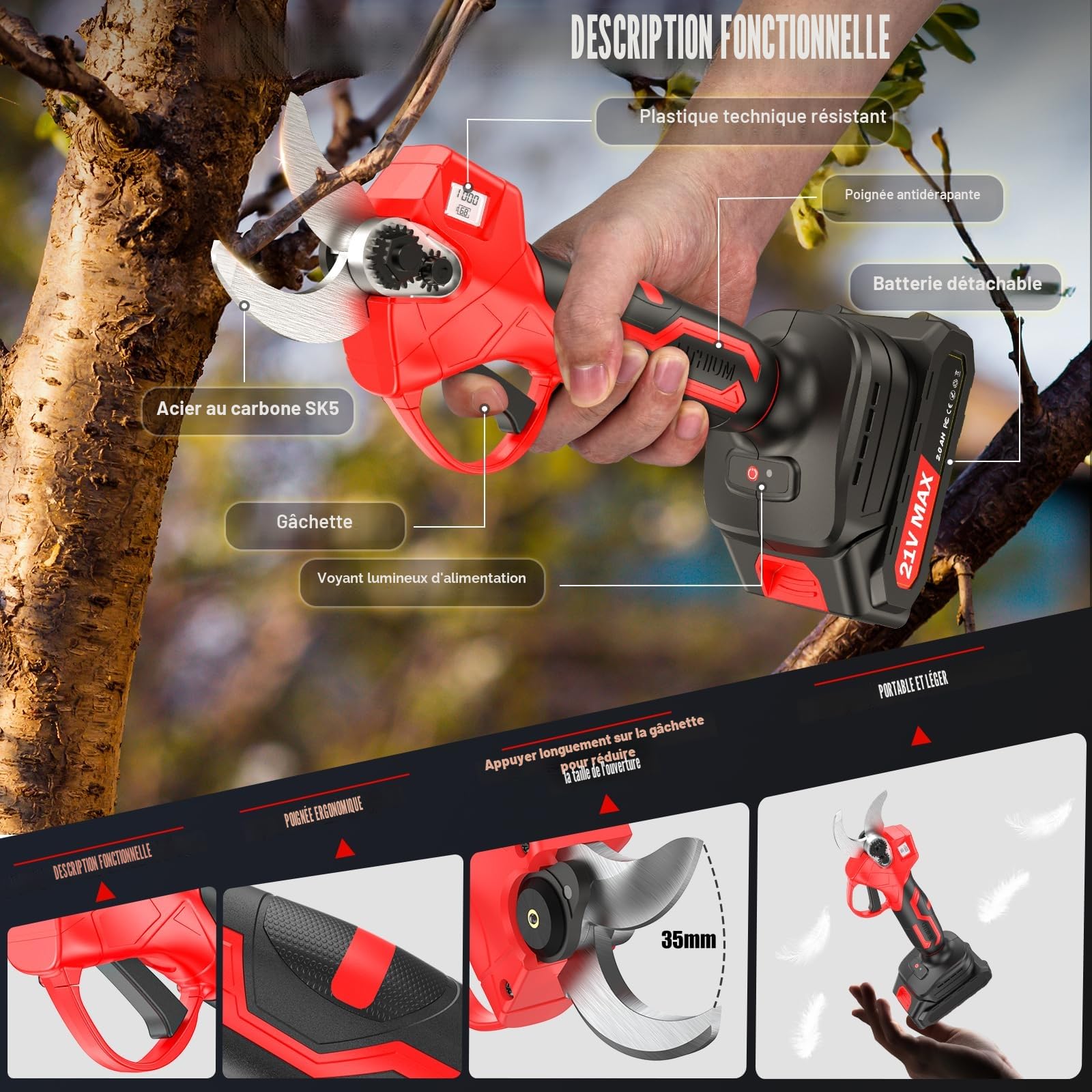 XIAZIR Sécateur électrique sans fil de 35 mm avec moteur brushless, sécateur de jardin avec écran LCD, 2 batteries 21 V 2000 mAh et lame en acier SK5, puissant coupe-branches pour arbres, jardin