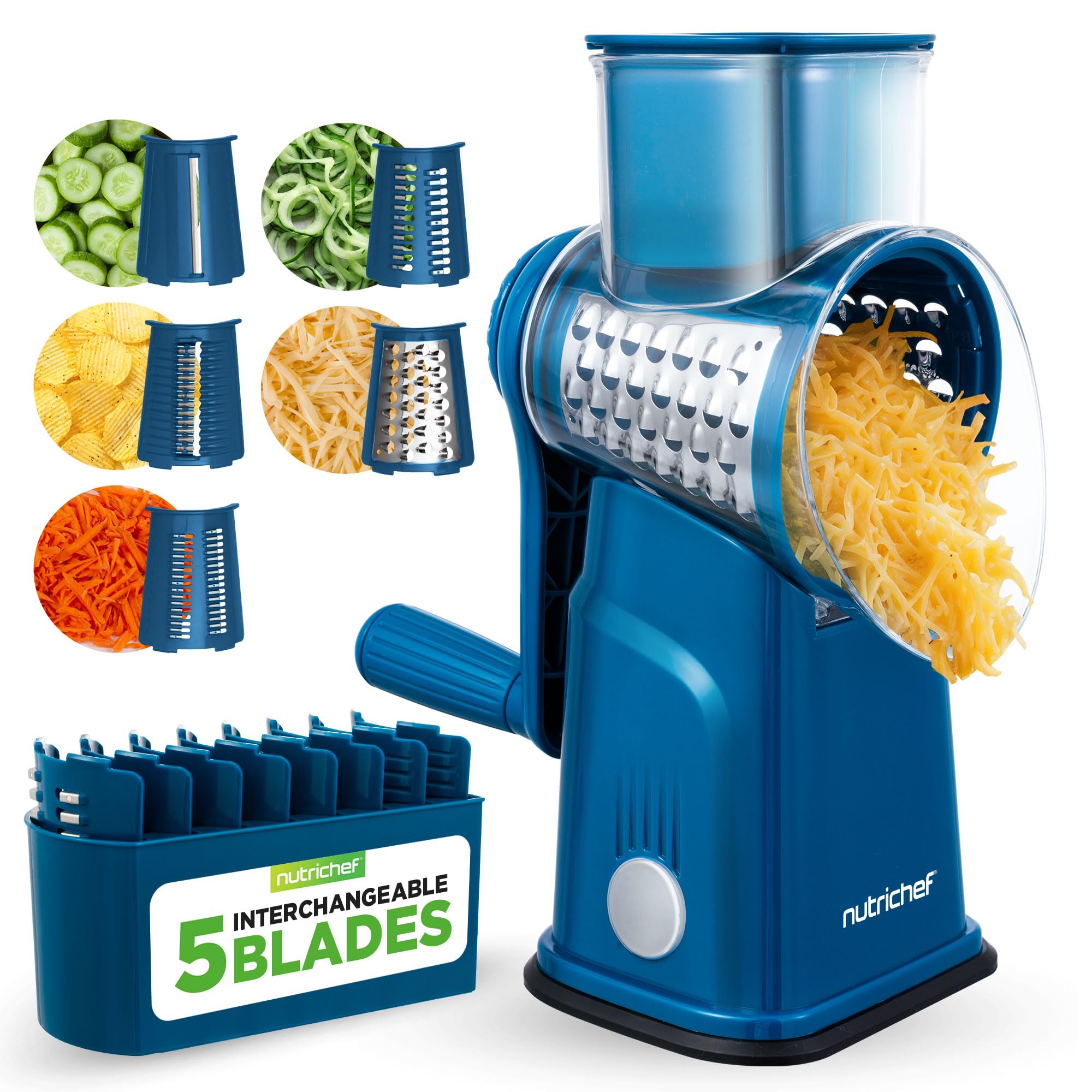 NutriChef Rotary Cheese Grater 5 in 1 – Manual Vegetable Slicer and Cheese Shredder with 5 Interchangeable Blades and Storage Container, Strong Suction Base, Blue, 9.45"