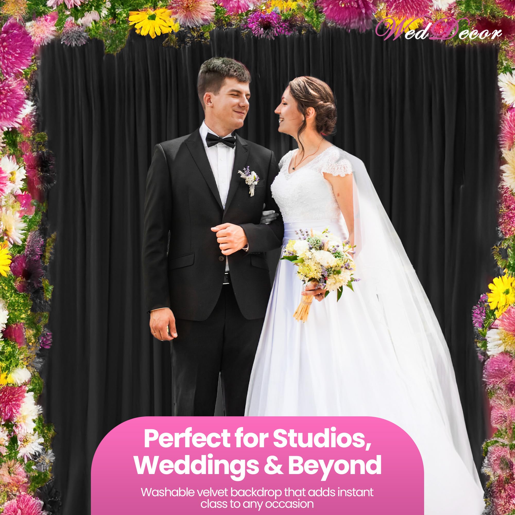WedDecor Czarne tło fotograficzne 3 x 3 m, bez zagnieceń, tło z tkaniny poliestrowej z zasłonami do zdjęć na baby shower, wesela, imprezy i dekoracje fotograficzne