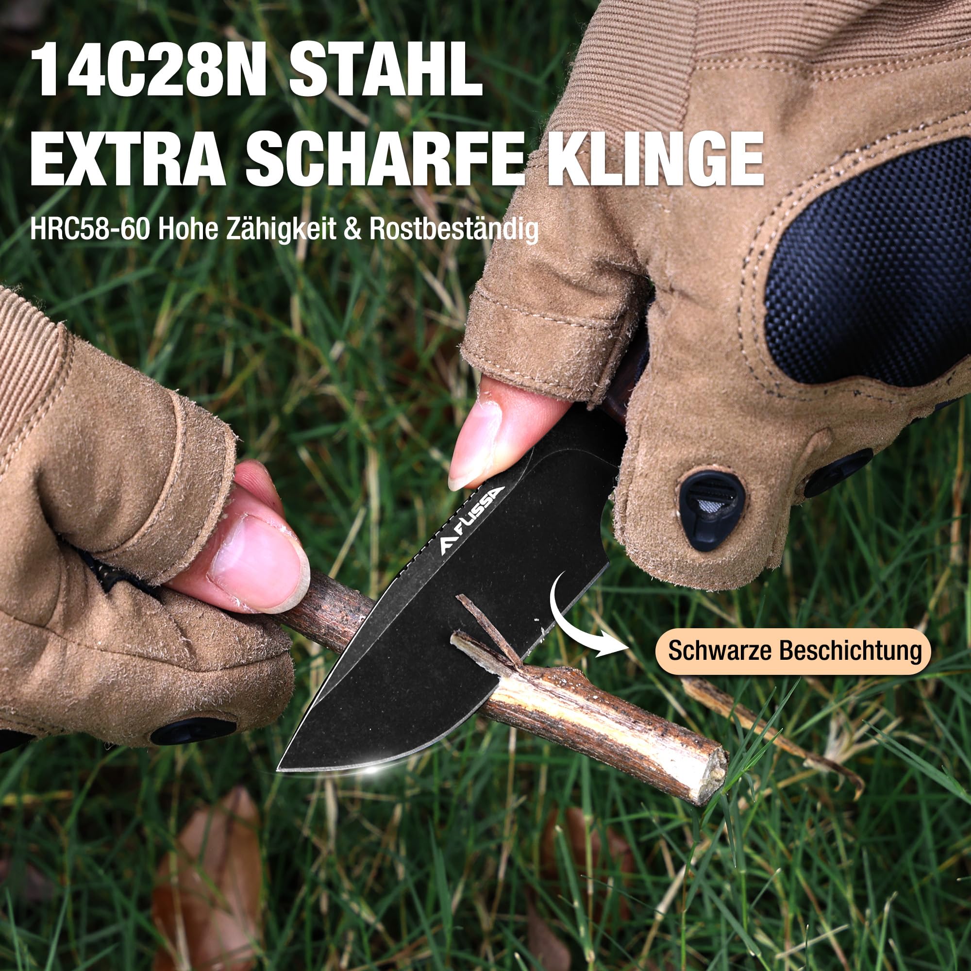 FLISSA Outdoor Messer, Jagdmesser feststehende Klinge aus 14C28N Stahl, Premium Survival Messer mit Ebenholzgriff und Scheide, Full-Tang Bushcraft Messer für Outdoor, Abenteuer, Geschenke für Männer