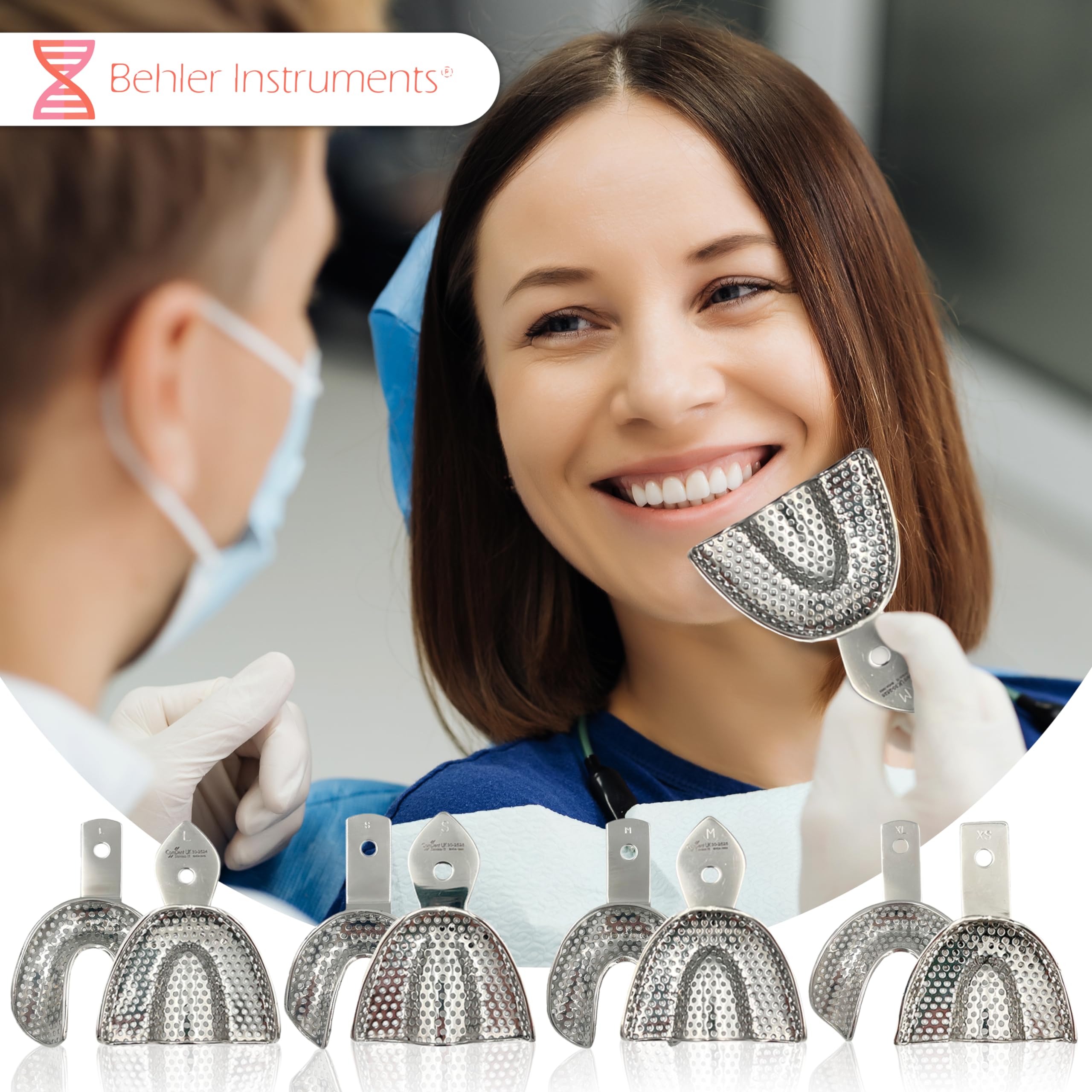 PACK 8 Pezzi Vassoi per Impronte Dentali Individuali, Dentate con Perforazione - 4 Inferiori e 4 Superiori - Acciaio Inossidabile ad alta resistenza - Strumento Essenziale per Professionisti Dentali