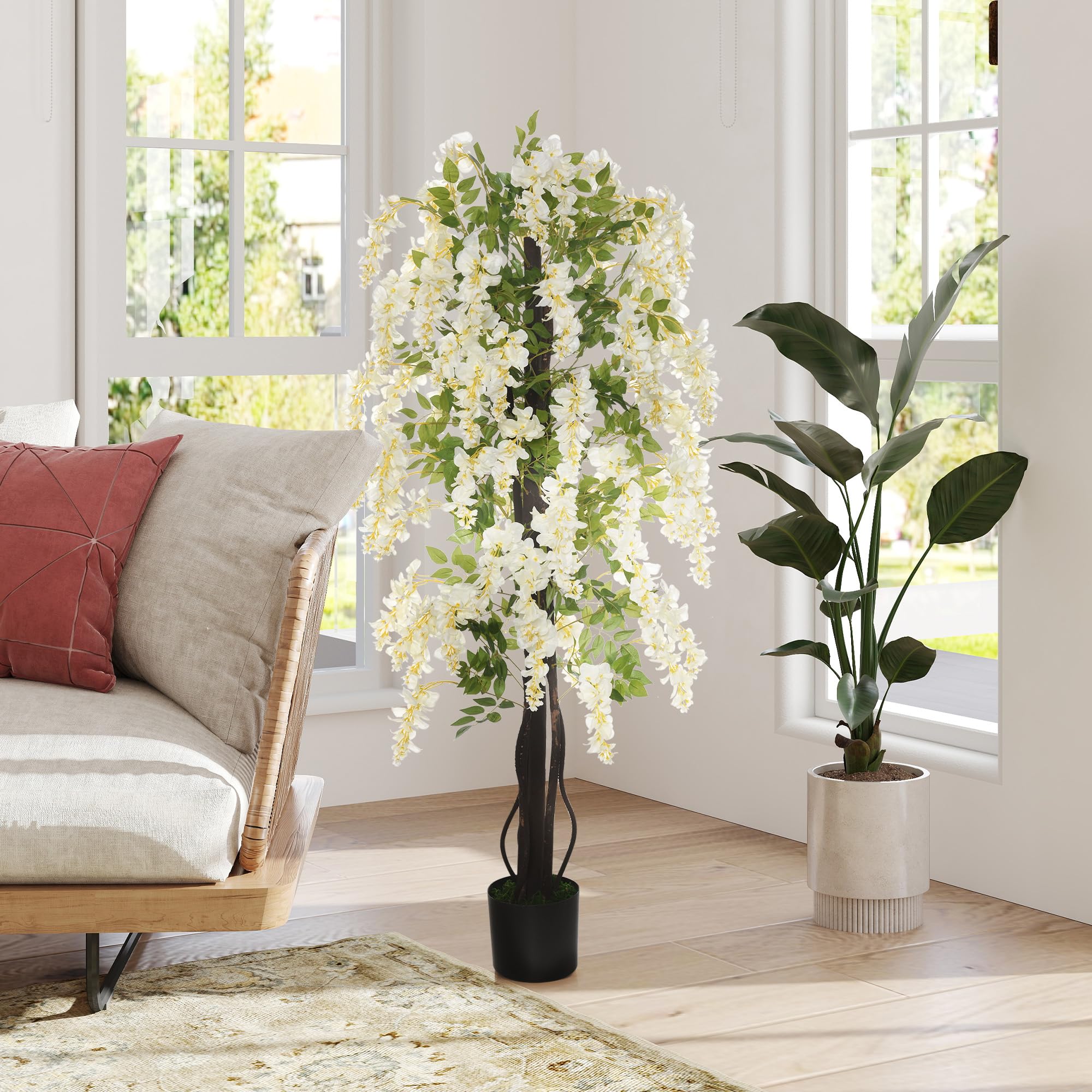 Outsunny Pianta Artificiale Glicine Bianco Finto con Vaso per Interni ed Esterni, Bianco e Verde Ø18 x 165cm