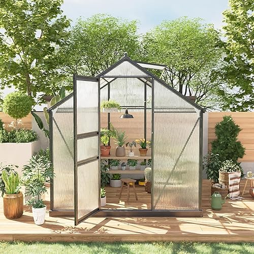 6 *10FT Greenhouses for Outdoors, Heavy Duty Polycarbonate Green House with Quick Setup Structure, Roof Vent, Push-Pull Lockable Door, Walk-in Aluminum Green House for Garden Backyard, Patio, Lawn