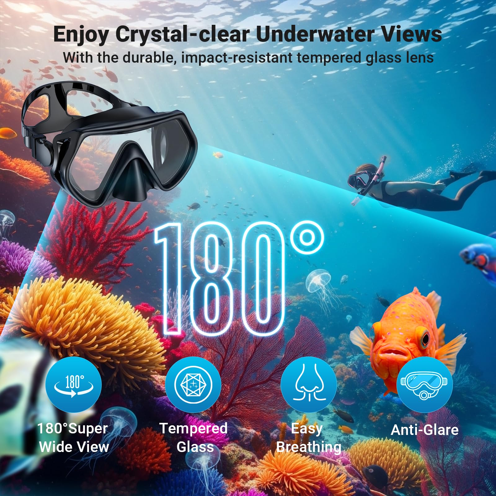Equipo de esnórquel para adultos, hombres y mujeres, juego de máscara de buceo con parte superior seca, visión panorámica de 180°, kit de gafas de esnórquel de respiración profesional con cubierta de