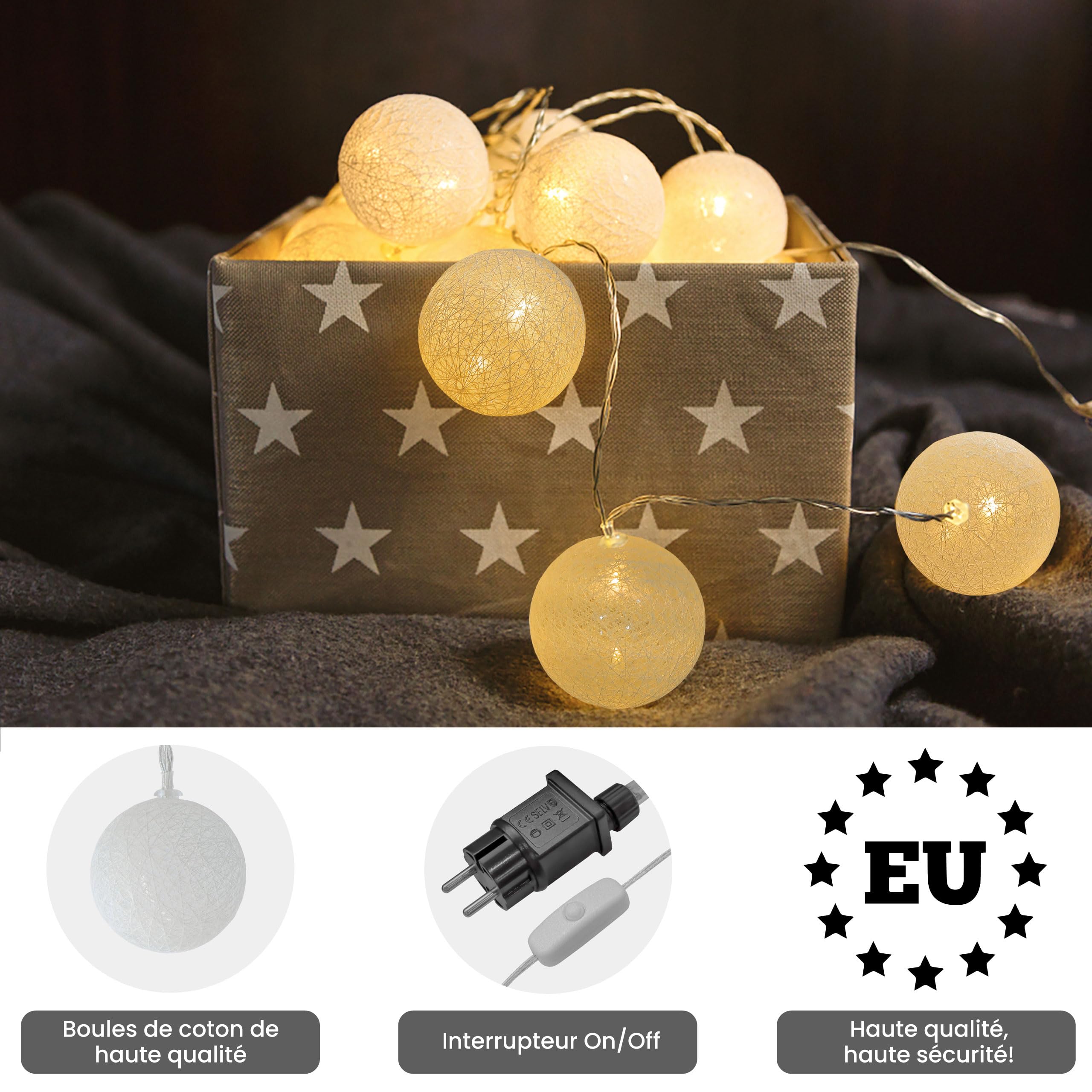 CozyHome Blanc guirlande lumineus boule coton - 20 LED & 6m Blanc chaud I Avec fiche I Guirlandes lumineuses chambre Fairy lights intérieur I Led decoration Girlande interieur Fil lumineux d'intérieur