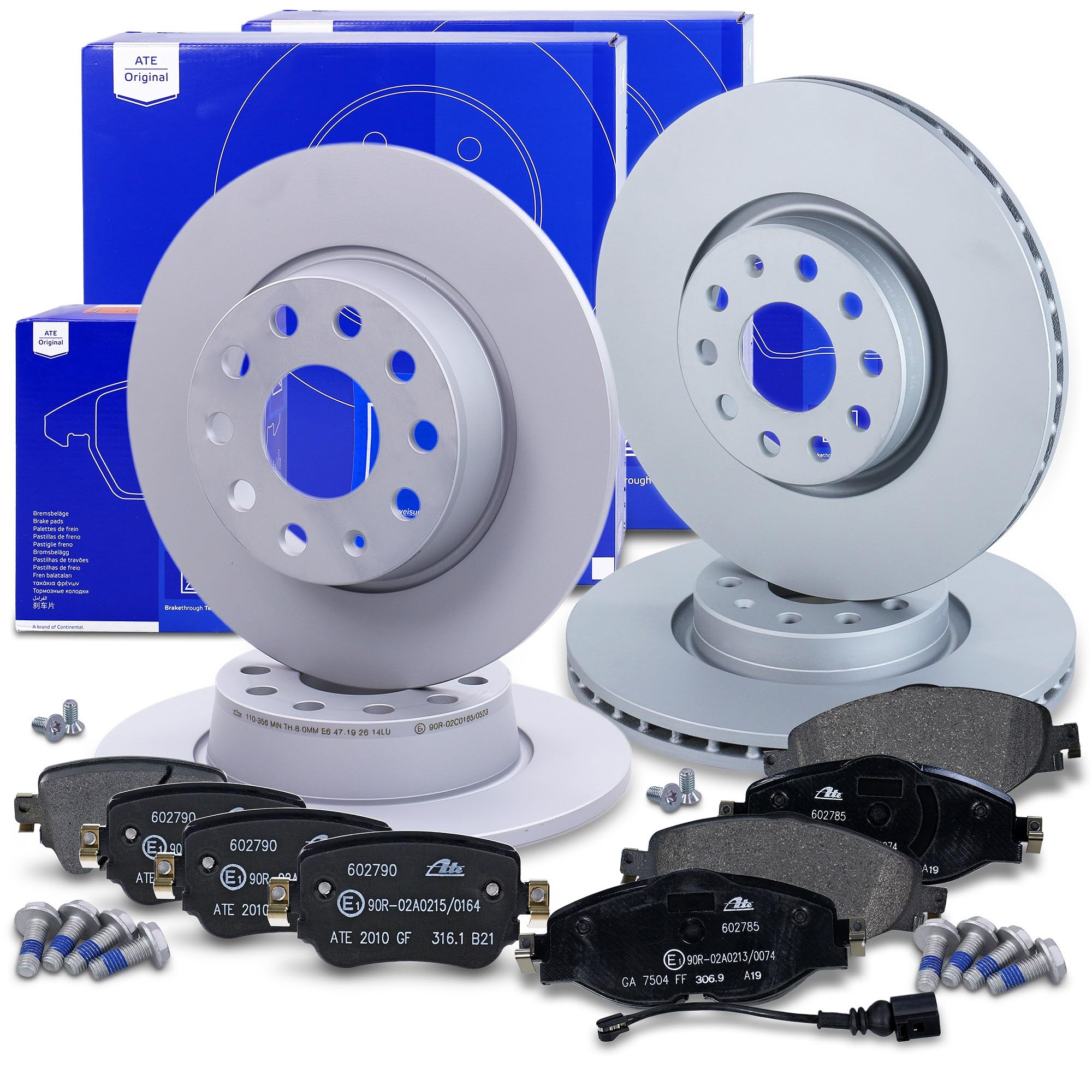 ATE Set di freni + dischi freno anteriori ¯ 312mm ventilati + posteriori ¯ 272mm pieni e pastiglie freno anteriori + posteriori e contatto di usura Compatibile con SEAT LEON, SKODA OCTAVIA 3, VW CADDY