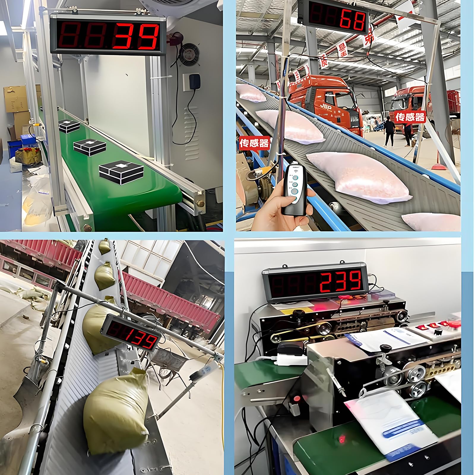 Contador digital para línea de producción con pantalla digital, control remoto, sensor de 5 m, reconocimiento bidireccional y memoria de transferencia de material tras corte de energía.