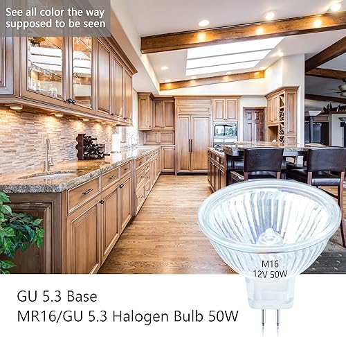 Miniatura 6 de Sevici Bombilla halógena MR16 de 50 W, 12 V, 2 pines, base GU5.3, ángulo de haz de 36, 2700 K, blanco cálido, bombilla MR16 regulable con cubierta