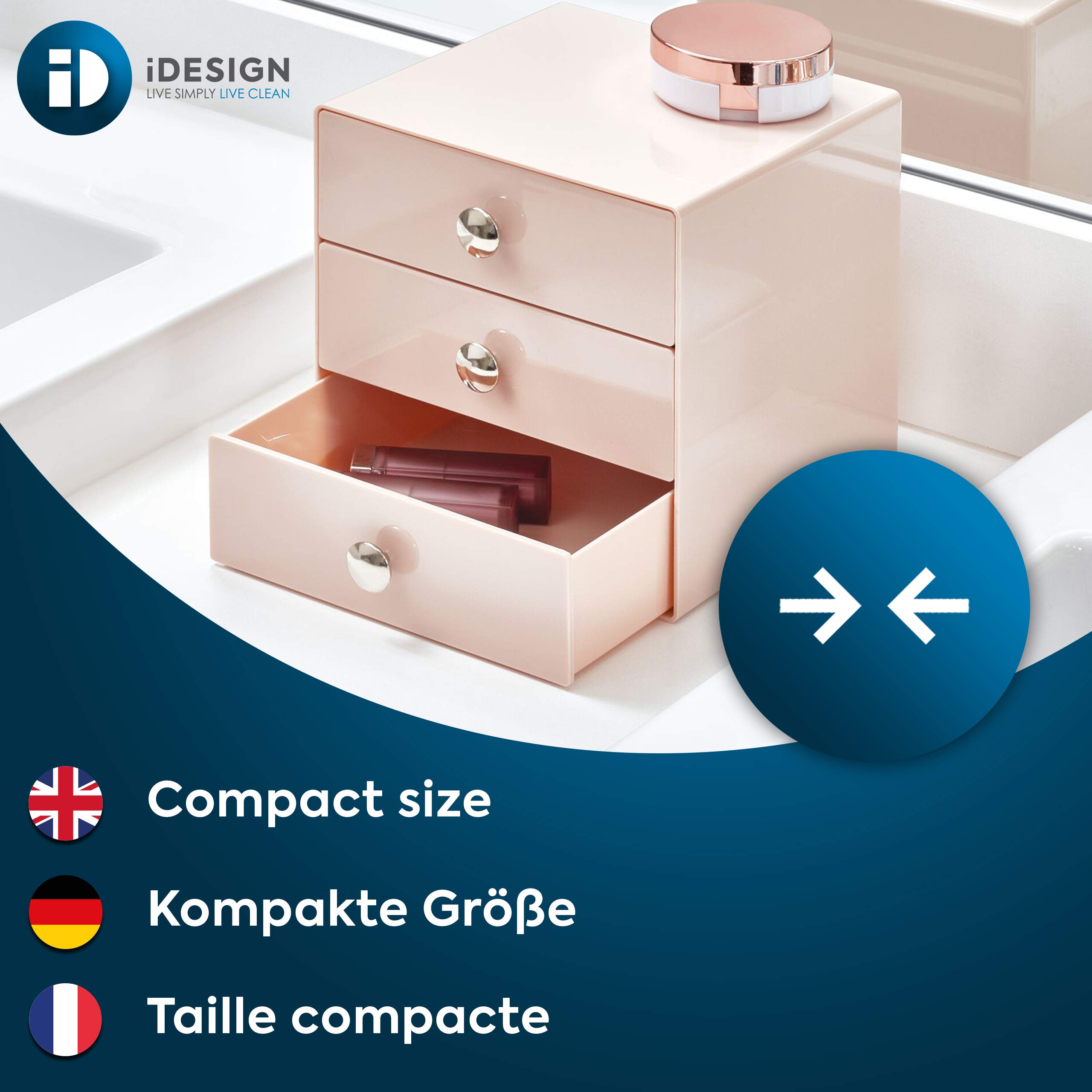 iDesign Organizador de maquillaje con 3 cajones, compacta minicómoda de plástico, mini cajonera cuadrada para productos de belleza y cosméticos, rosa