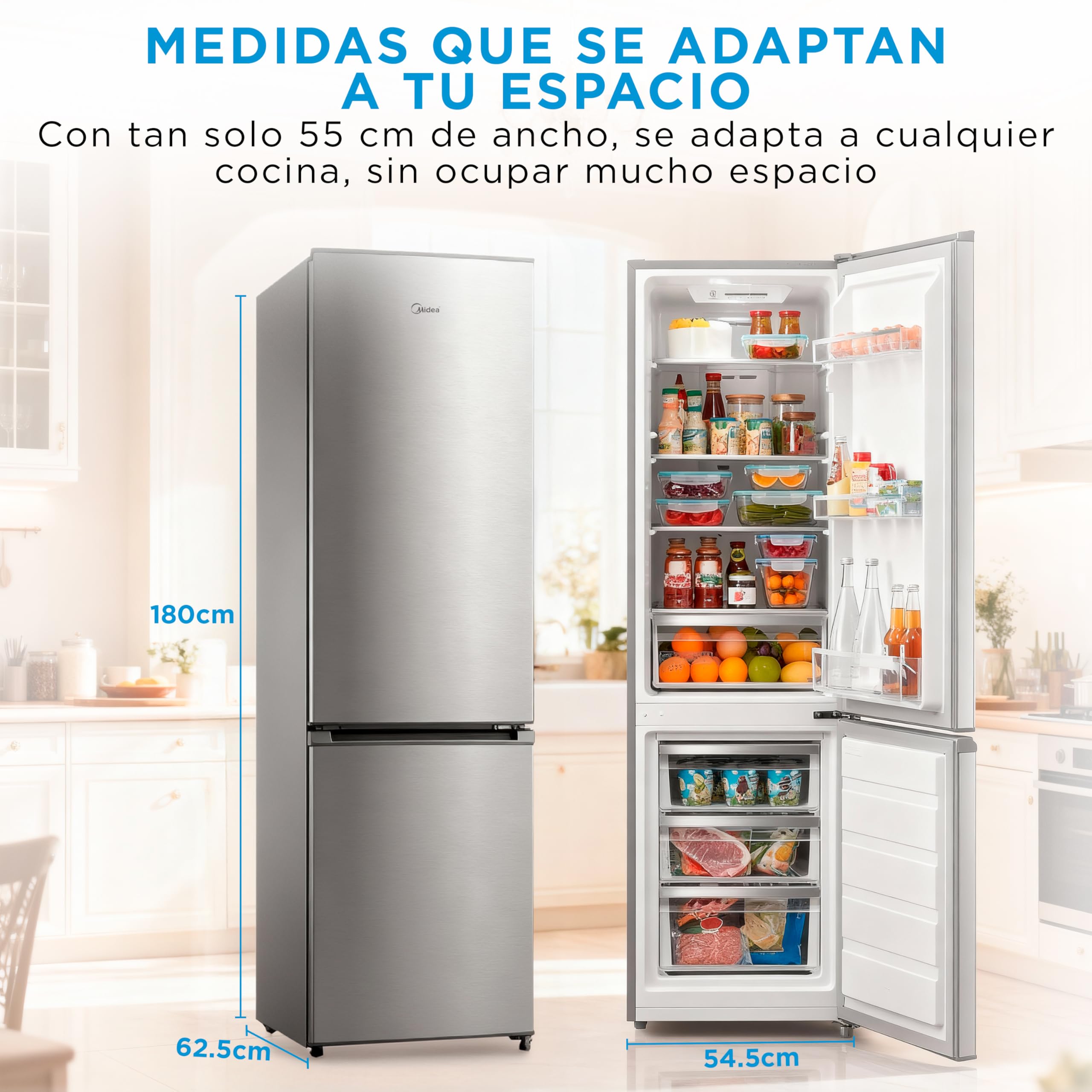 Midea Frigorifico Combi No Frost | 55 cm ancho x 180 cm | Inox | 270L de Capacidad - Nevera Libre Instalación con Congelador Vertical - Refrigerador de Bajo Consumo con Sistema Multi Air Flow