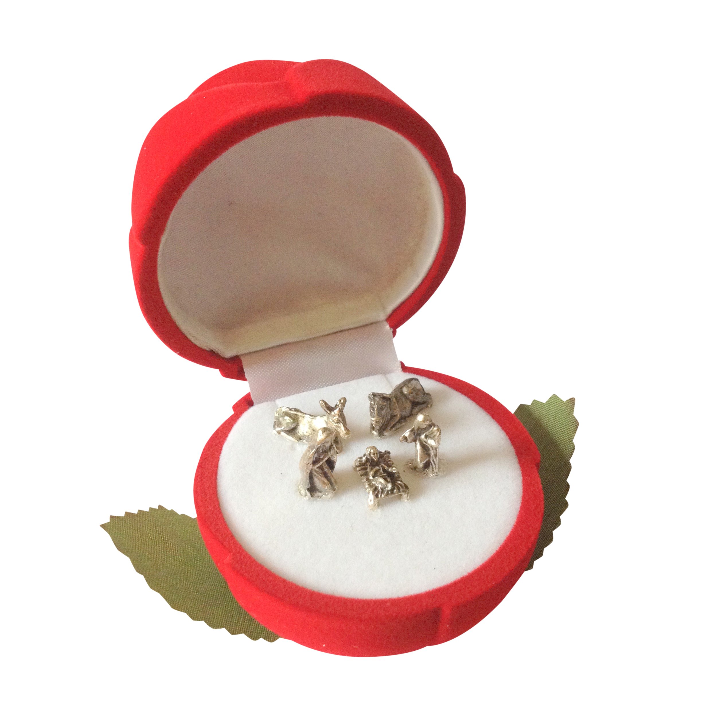 Pocket crib nativity scene in a red velvet rose gift box xmas gift