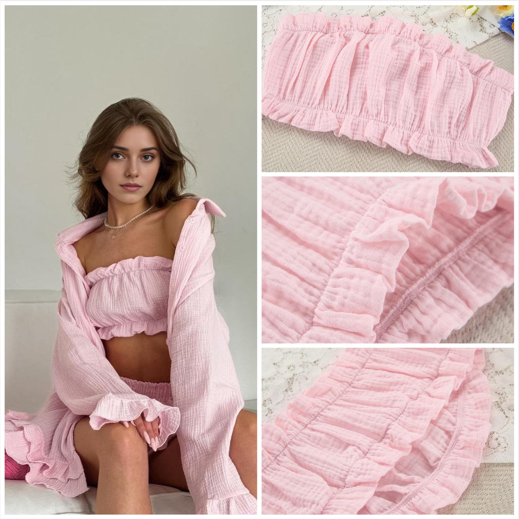 Damskie 3-częściowy zestaw eleganckich bawełnianych bluzek z długim rękawem z tubką top,​ krótkie spodnie, mini szorty, stroje na wiosnę, lato, urlop, do wypoczynku