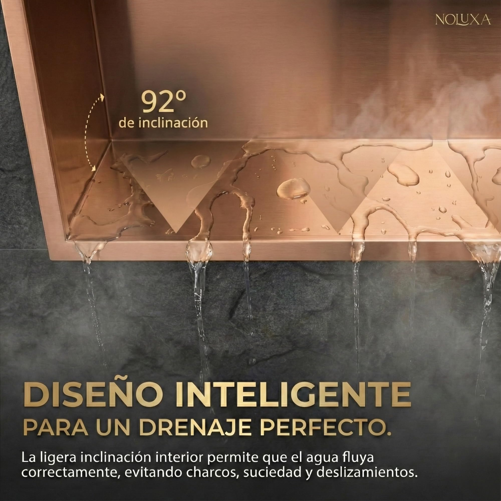 IMEX - Nicho de Ducha Empotrable con Luz LED 33x63cm Oro Rosa Cepillado | Hornacina Ducha con Dos Estantes de Acero Inoxidable S.304 | Hornacina Baño Empotrada a Pared de 10cm de Profundidad