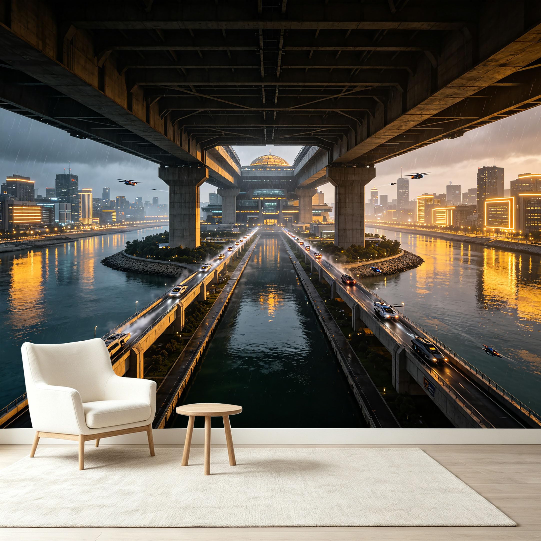 Custom Size Wall Murals Modern Industrial Cityscape Futuristic Highway Architecture Self-Adhesive Wall Fabric Removable Wallpaper Wall Decor for Living Room Bedroom Bathroom