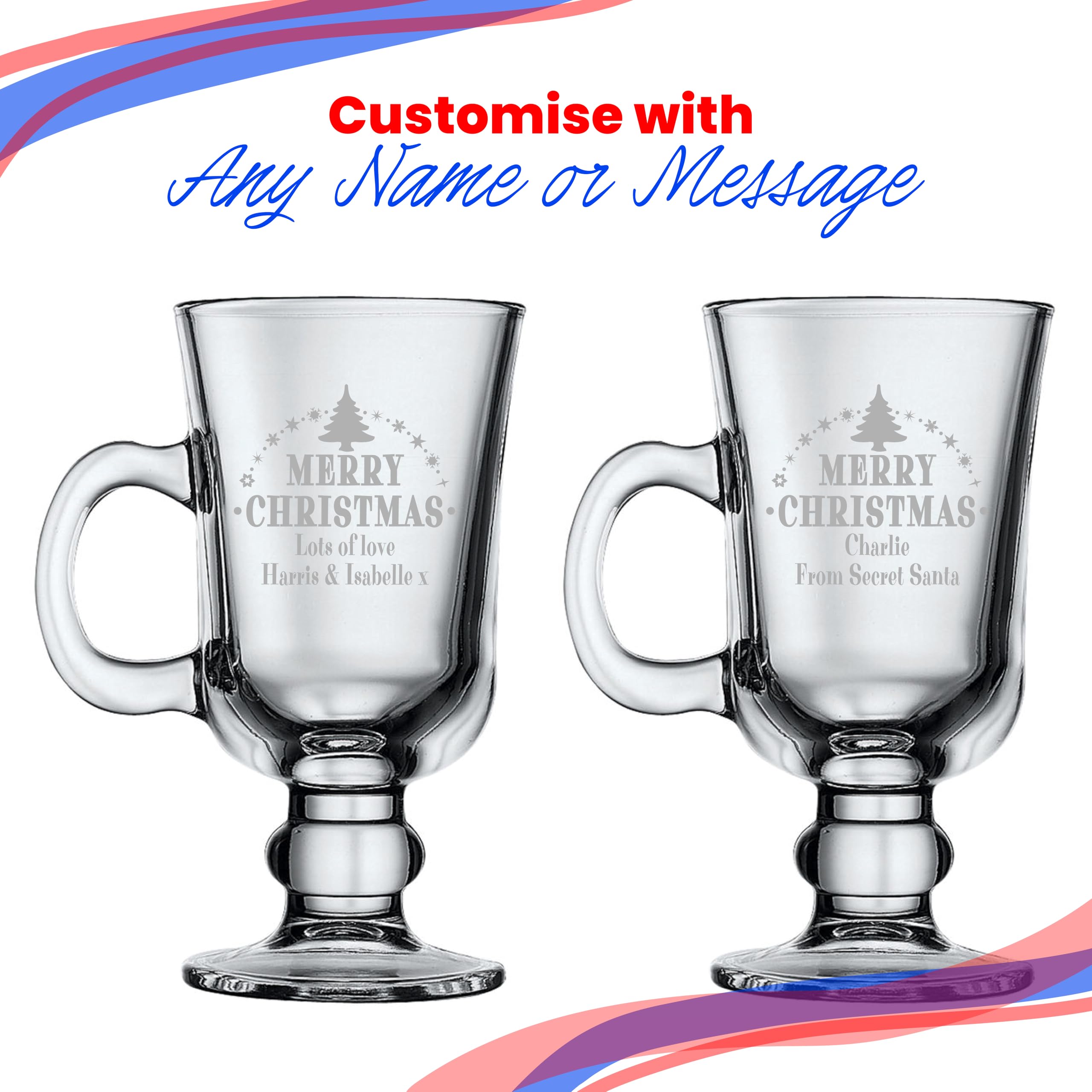Tasse à café irlandaise en verre avec motif sapin de Noël personnalisable avec n'importe quel nom ou message, coffret cadeau inclus, gravure au laser