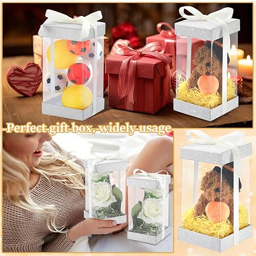 Miniatura 6 de Zhanmai Paquete de 12 cajas de regalo transparentes de 8 x 4 x 4 pulgadas, caja de regalo transparente con tapa base con purpurina, cajas de