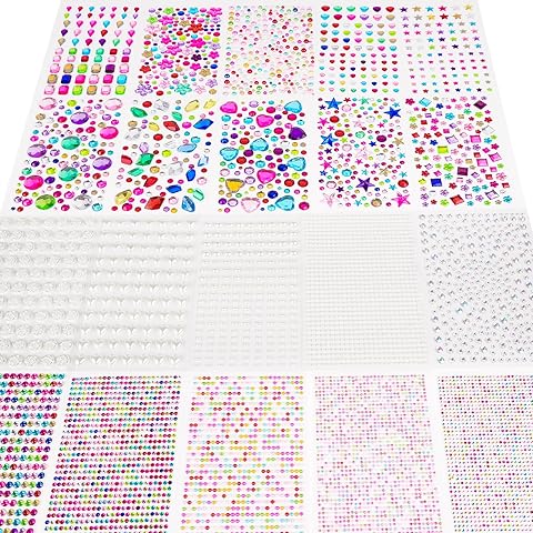 JIUZHU 7500+PCS Gem Stickers for Kids, Self Adhesive Rhinestones Square Round Pearl Mix Rave Gems Jewel Stickers Craft Kit Gifts for Halloween, Christmas, Easter Egg DIY (20 Sheets)